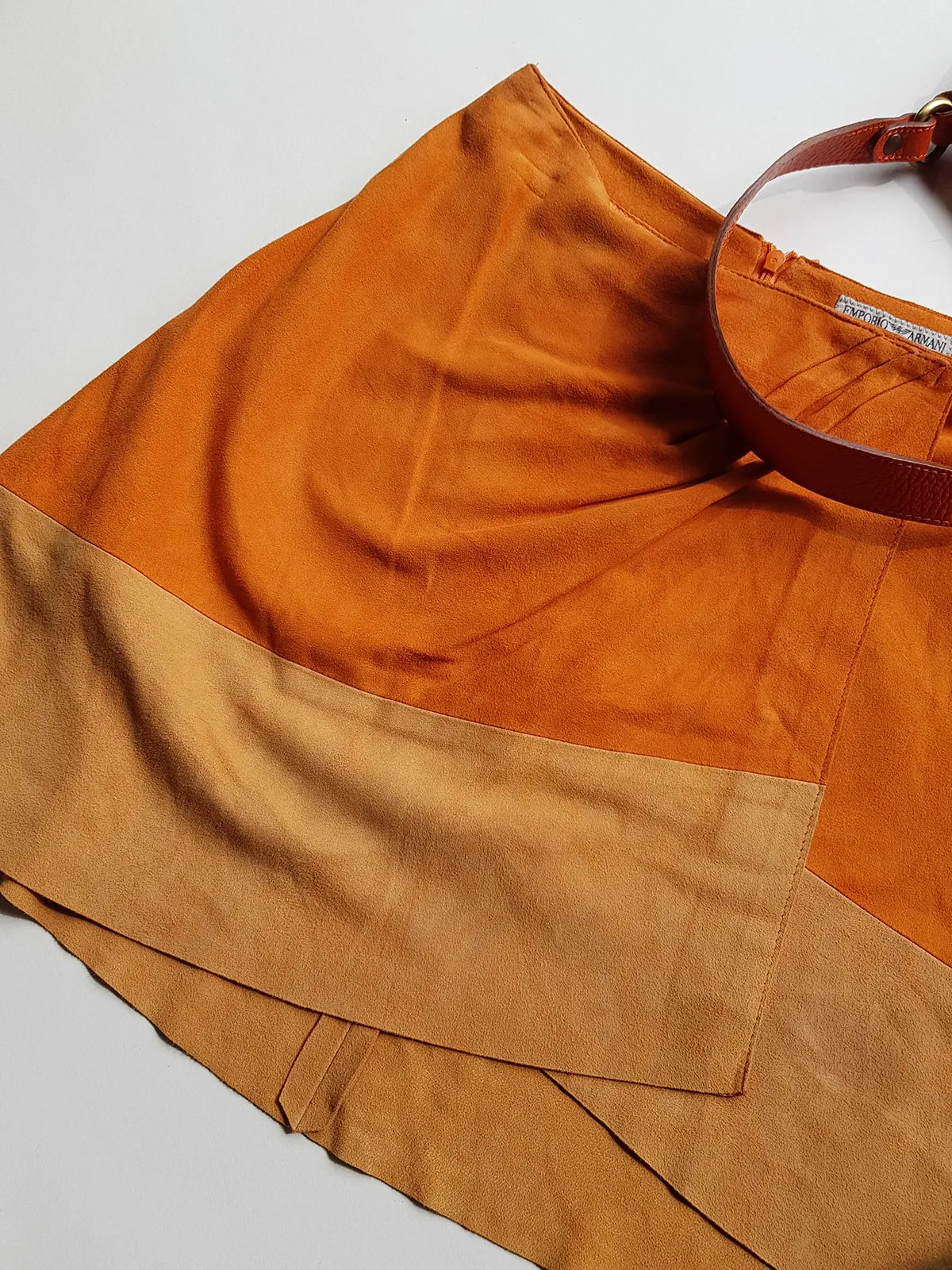 Emporio Armani Tangerine Mini Suit Set - 100% Buttery Soft Suede Leather - Structured & Tailored Two Piece - Jacket & Mini Skirt - Absolute Knockout for Summer / Autumn