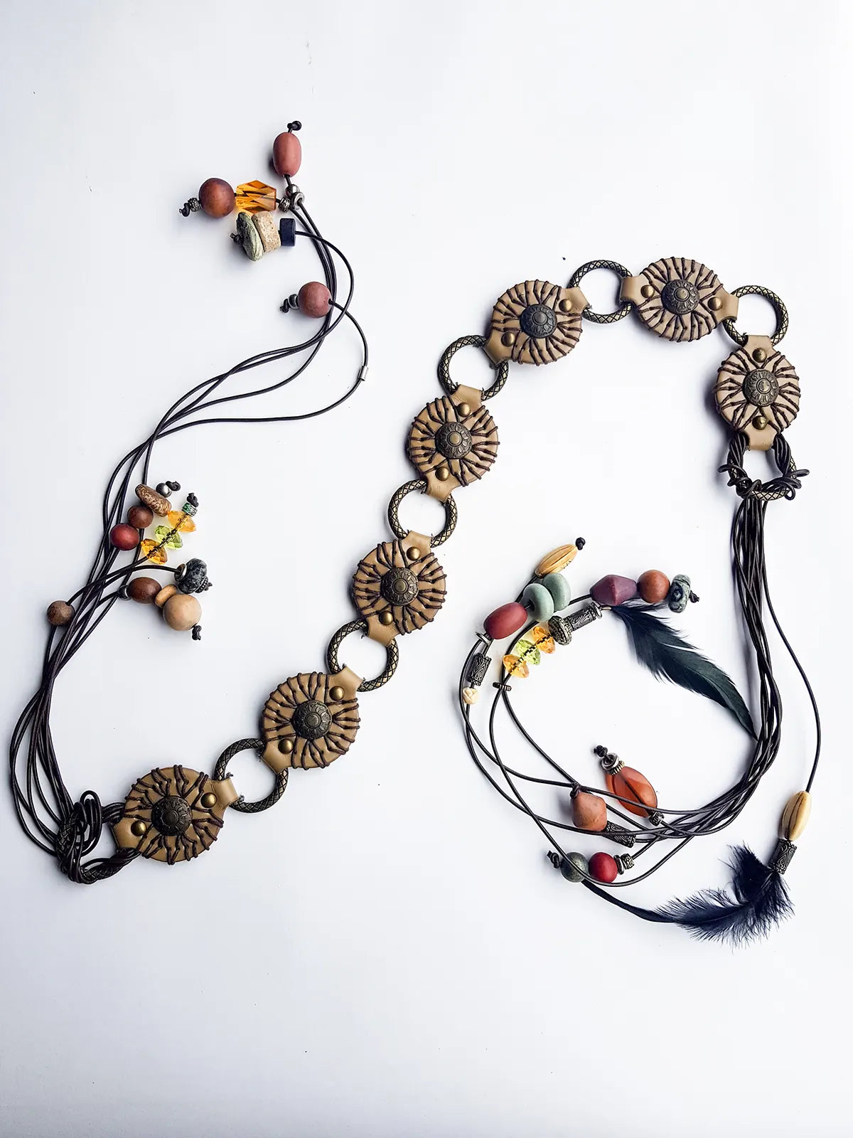 1970s Authentic Vintage Bohemian Tie Choker / Necklace / Belt - Handmade & Only 1 ever made -  100% Genuine Leather with Feathers & Stones - Metal & Wooden Carved Beads  - Ultra Heavy - Gorgeous Greens Ambers and Browns