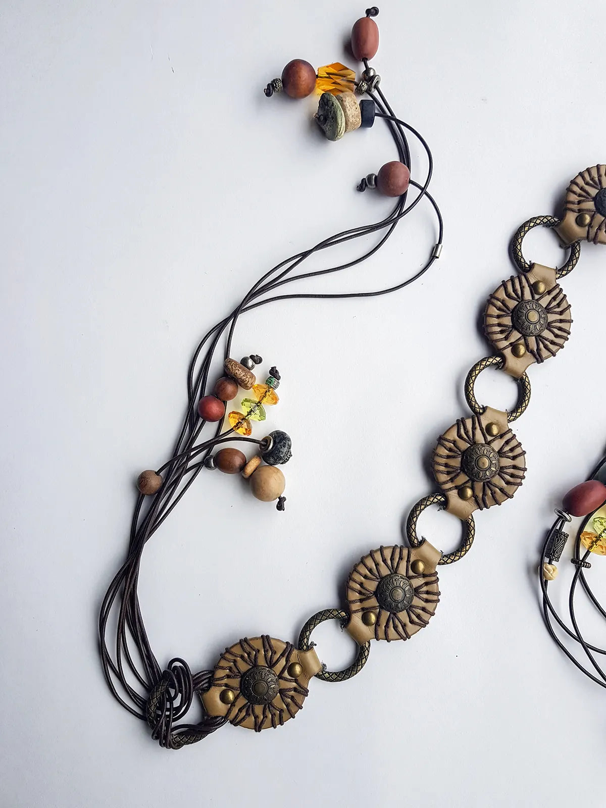 1970s Authentic Vintage Bohemian Tie Choker / Necklace / Belt - Handmade & Only 1 ever made -  100% Genuine Leather with Feathers & Stones - Metal & Wooden Carved Beads  - Ultra Heavy - Gorgeous Greens Ambers and Browns