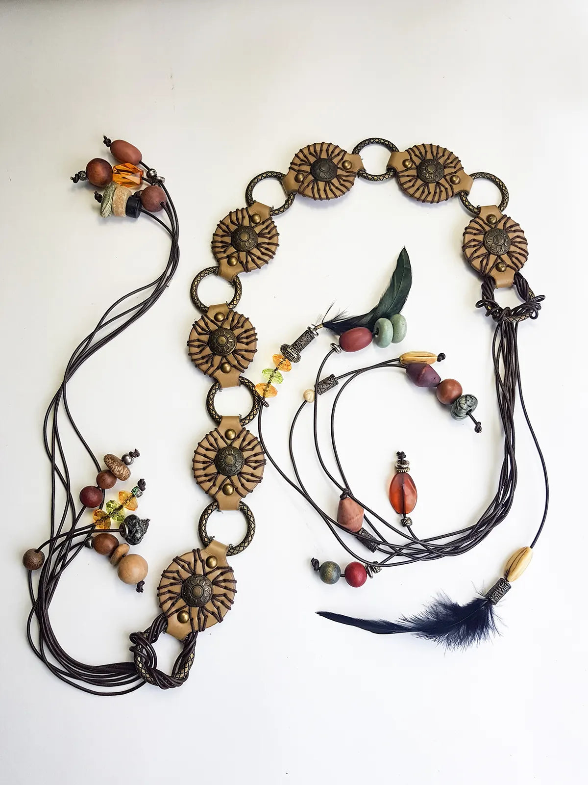 1970s Authentic Vintage Bohemian Tie Choker / Necklace / Belt - Handmade & Only 1 ever made -  100% Genuine Leather with Feathers & Stones - Metal & Wooden Carved Beads  - Ultra Heavy - Gorgeous Greens Ambers and Browns