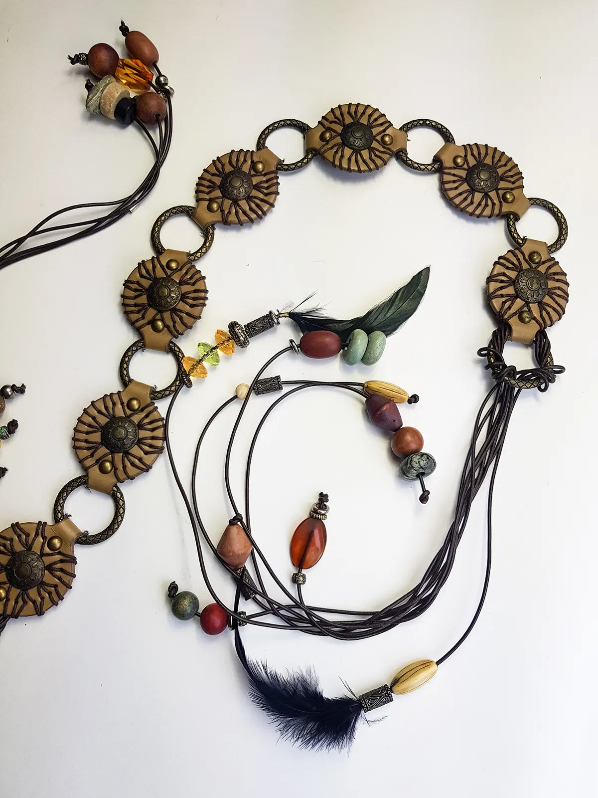 1970s Authentic Vintage Bohemian Tie Choker / Necklace / Belt - Handmade & Only 1 ever made -  100% Genuine Leather with Feathers & Stones - Metal & Wooden Carved Beads  - Ultra Heavy - Gorgeous Greens Ambers and Browns