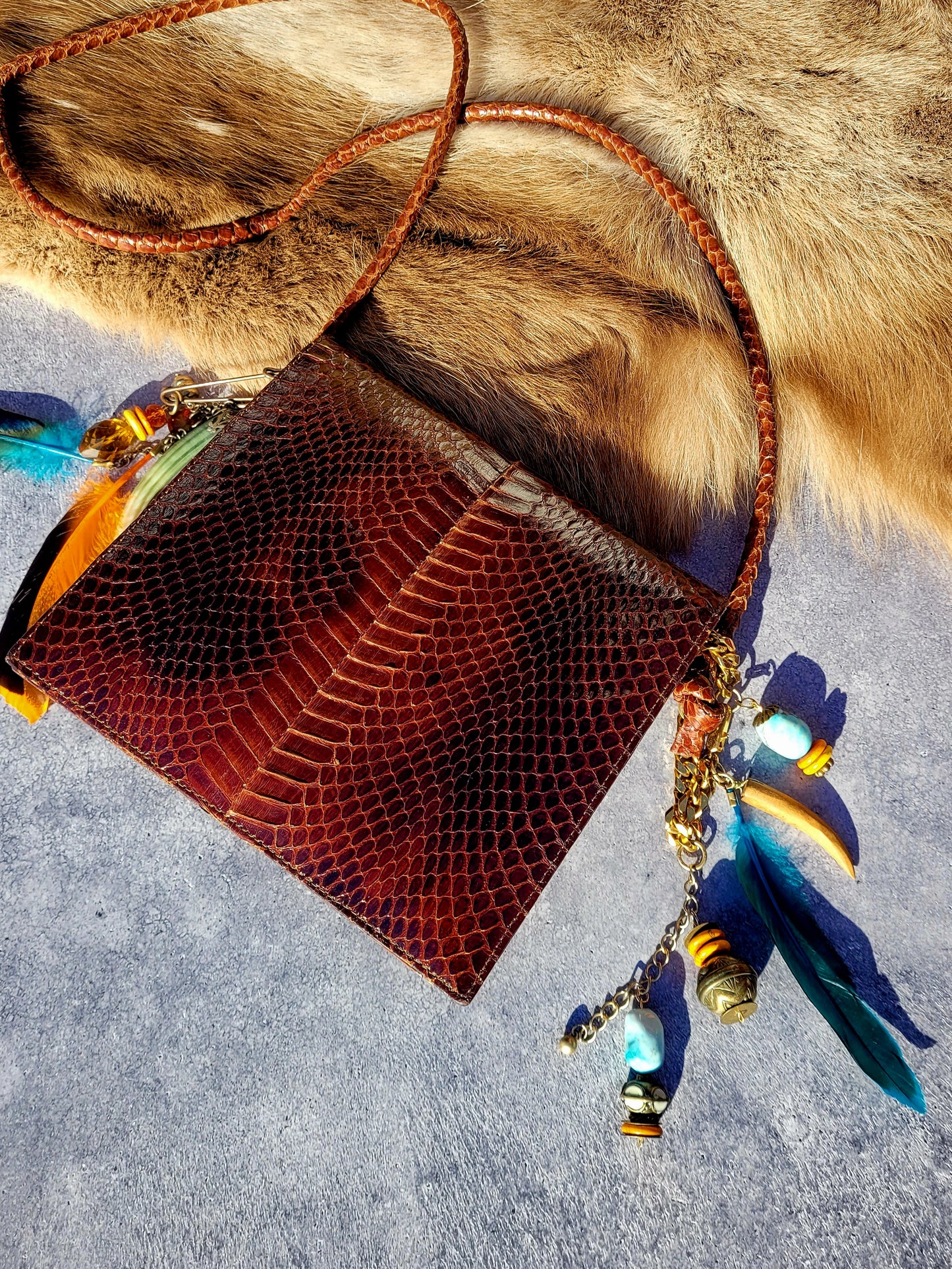 1920s Authentic Antique Snakeskin Bag - Rich Copper Brown - Antique Stacked Charms on Mixed Antique Chains - Carved Tusks / Feathers / Stones / Beading