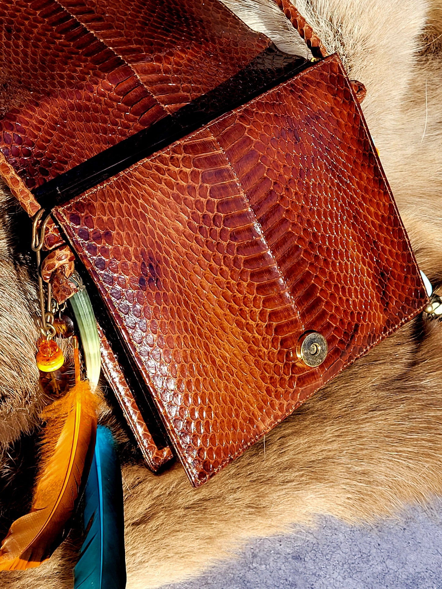 1920s Authentic Antique Snakeskin Bag - Rich Copper Brown - Antique Stacked Charms on Mixed Antique Chains - Carved Tusks / Feathers / Stones / Beading