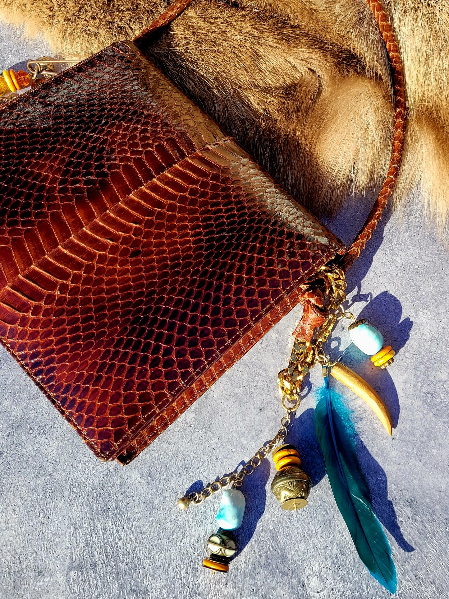 1920s Authentic Antique Snakeskin Bag - Rich Copper Brown - Antique Stacked Charms on Mixed Antique Chains - Carved Tusks / Feathers / Stones / Beading