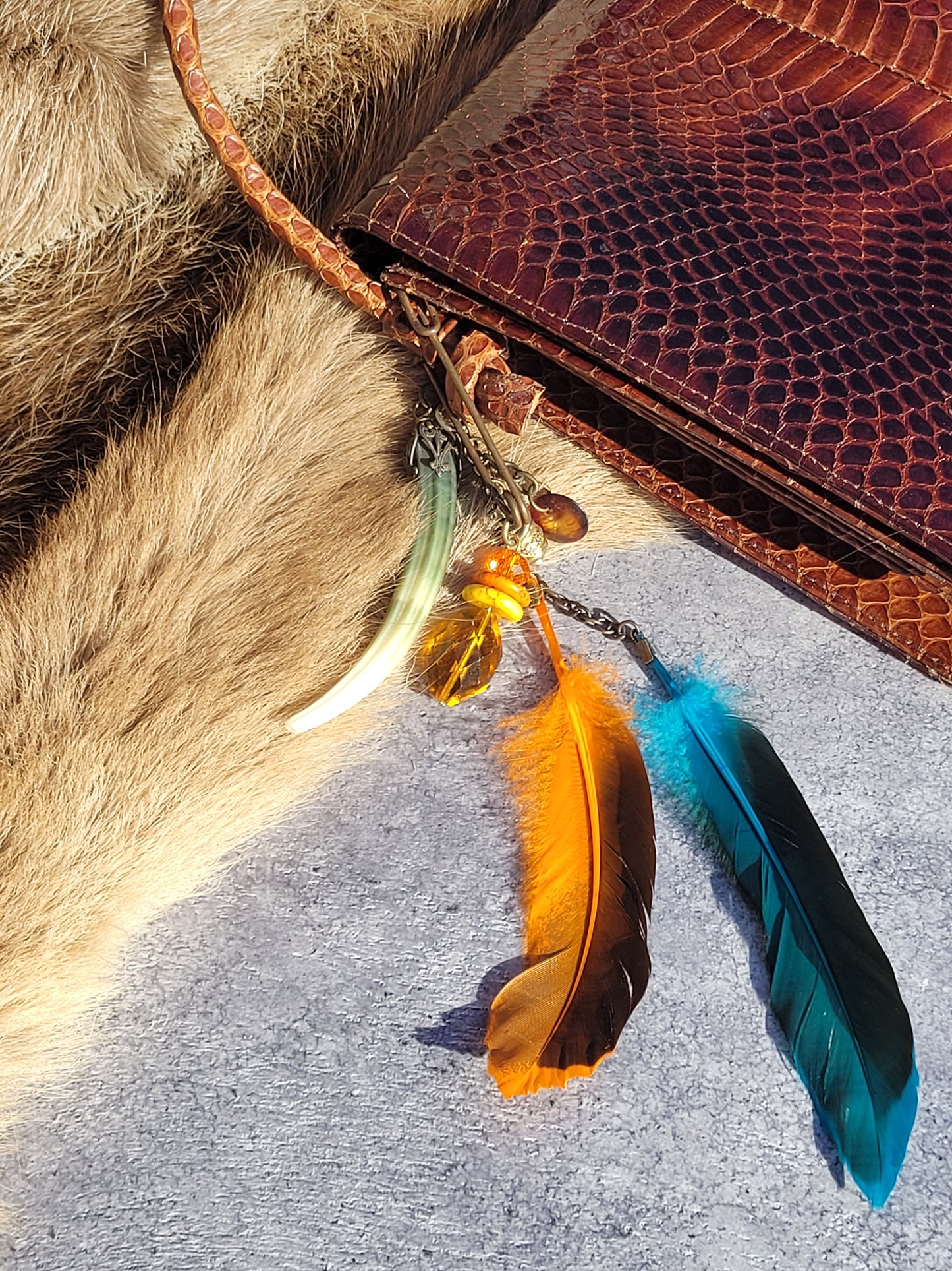 1920s Authentic Antique Snakeskin Bag - Rich Copper Brown - Antique Stacked Charms on Mixed Antique Chains - Carved Tusks / Feathers / Stones / Beading