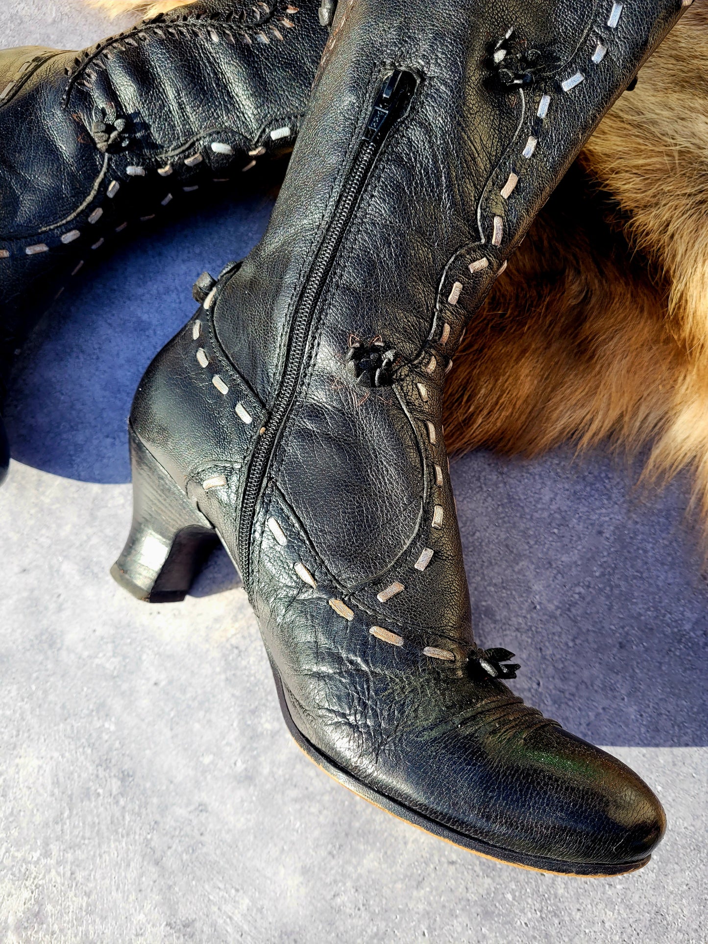 Victorian El Dante Style Ornate Handmade Italian Black Leather Boots - Stevie Nicks Whimsigoth - Intricate Cutouts / Applique / Silver Lacing