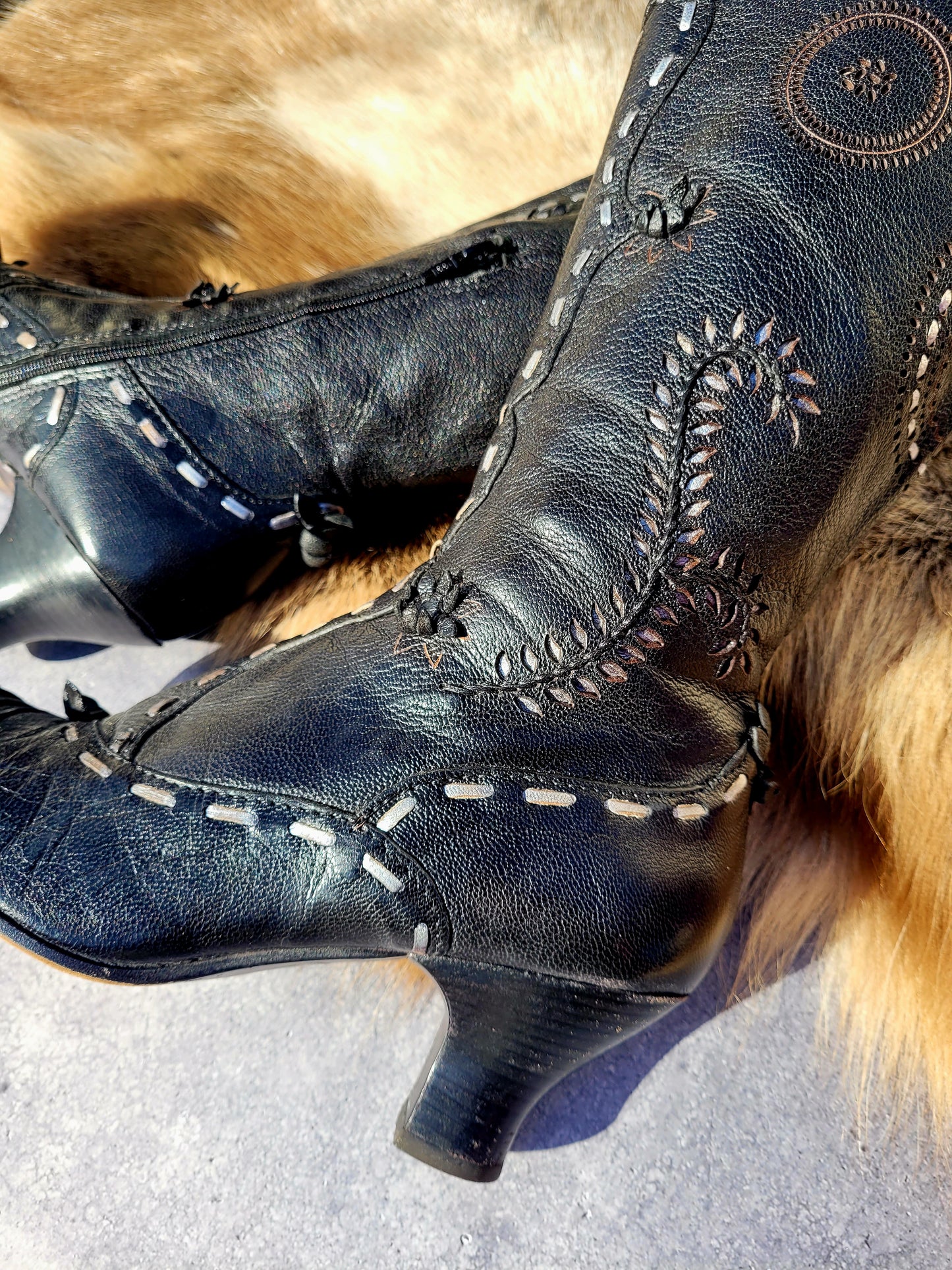 Victorian El Dante Style Ornate Handmade Italian Black Leather Boots - Stevie Nicks Whimsigoth - Intricate Cutouts / Applique / Silver Lacing
