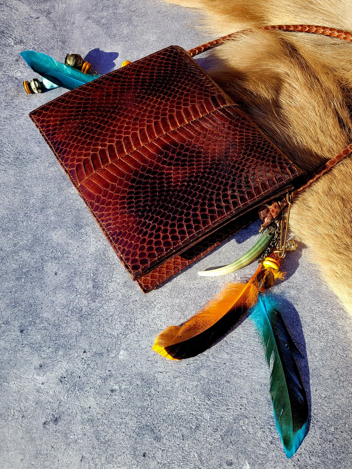 1920s Authentic Antique Snakeskin Bag - Rich Copper Brown - Antique Stacked Charms on Mixed Antique Chains - Carved Tusks / Feathers / Stones / Beading