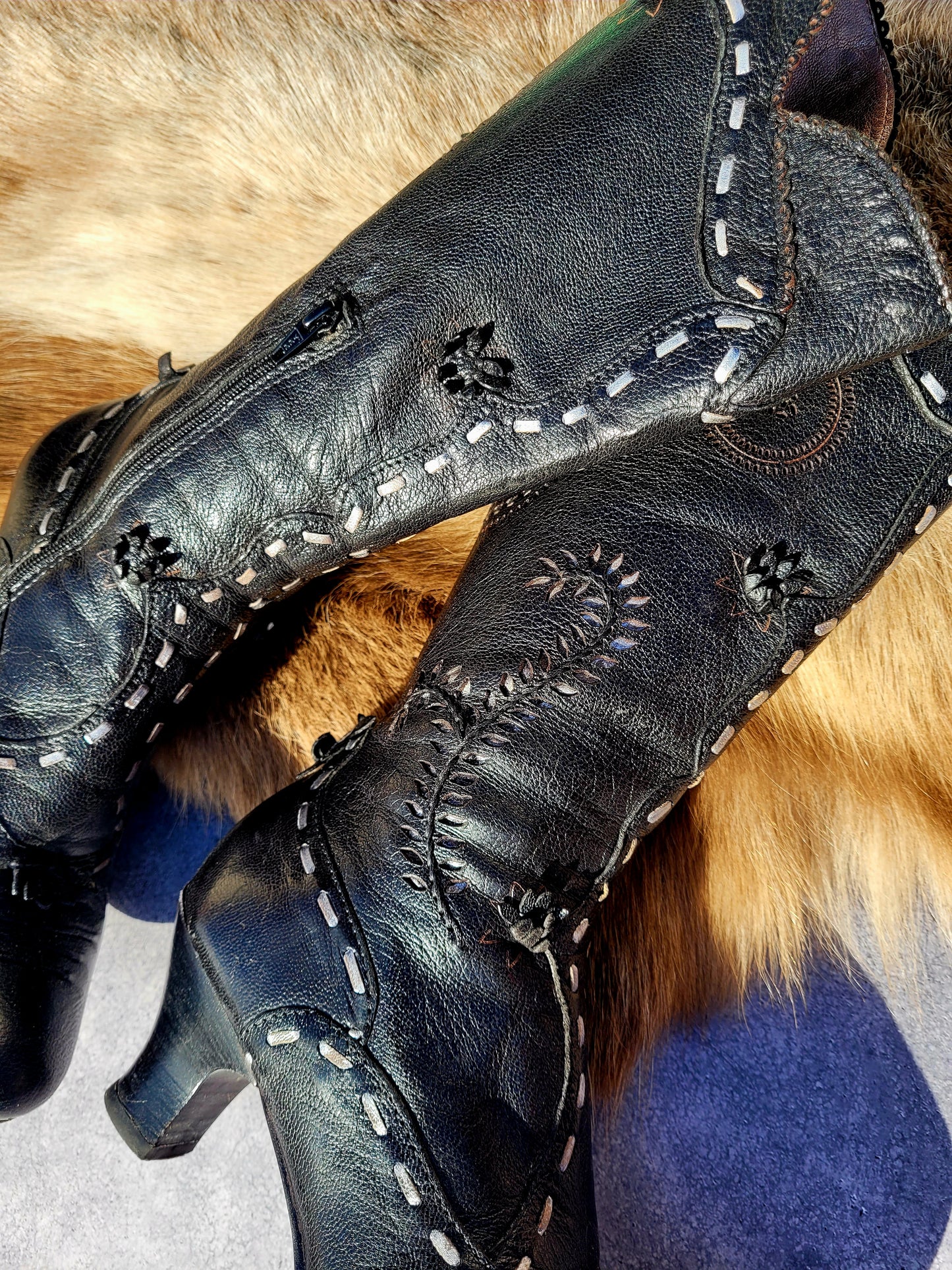 Victorian El Dante Style Ornate Handmade Italian Black Leather Boots - Stevie Nicks Whimsigoth - Intricate Cutouts / Applique / Silver Lacing