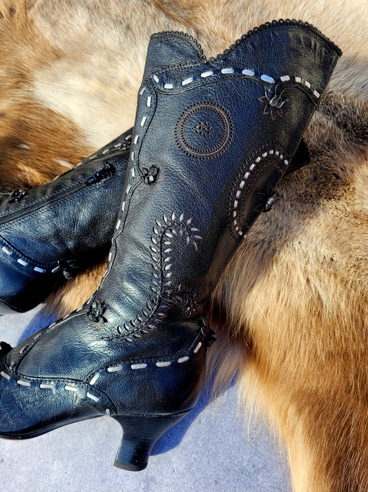 Victorian El Dante Style Ornate Handmade Italian Black Leather Boots - Stevie Nicks Whimsigoth - Intricate Cutouts / Applique / Silver Lacing