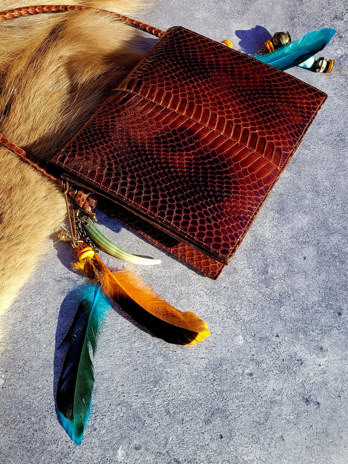 1920s Authentic Antique Snakeskin Bag - Rich Copper Brown - Antique Stacked Charms on Mixed Antique Chains - Carved Tusks / Feathers / Stones / Beading