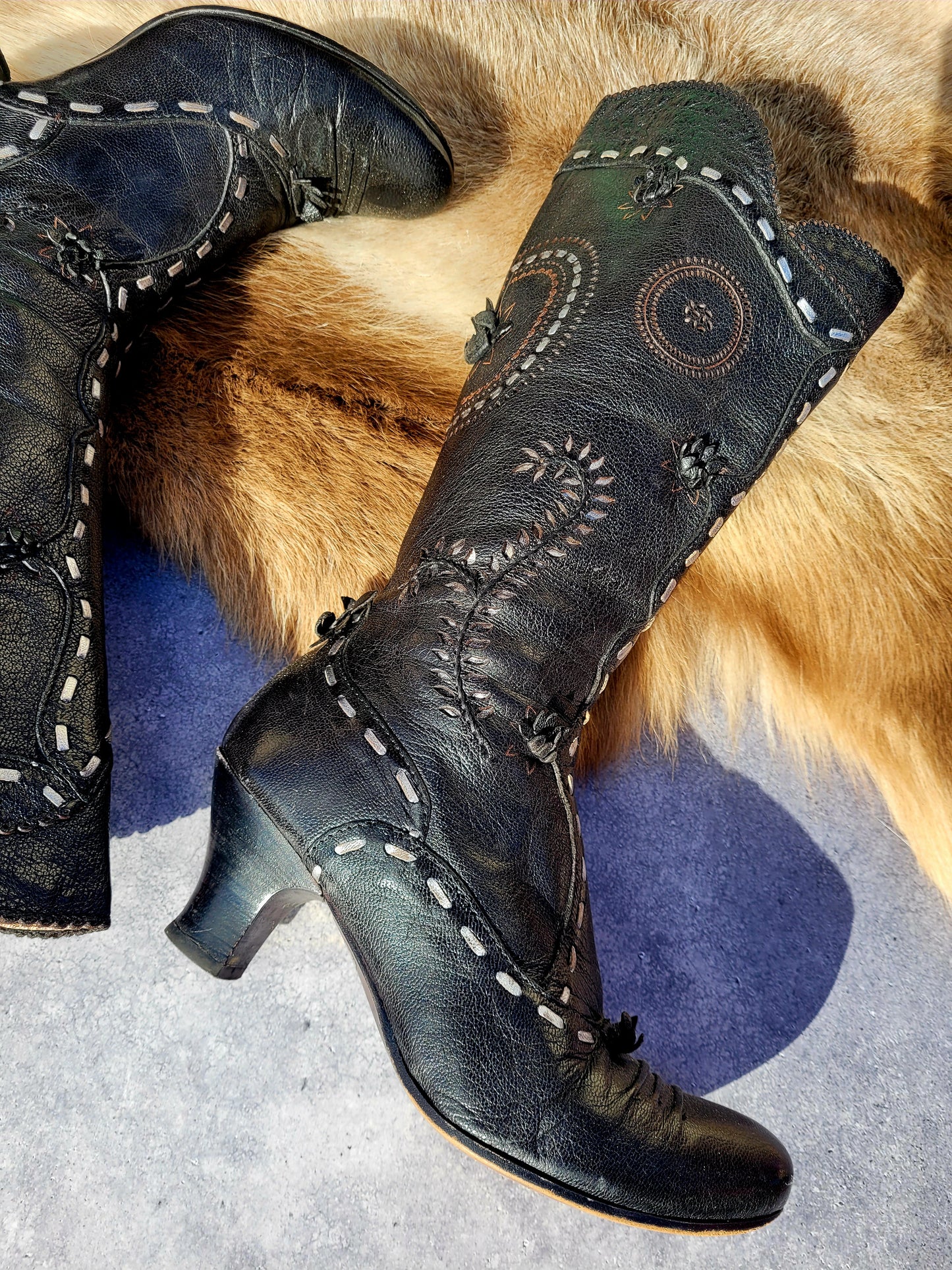 Victorian El Dante Style Ornate Handmade Italian Black Leather Boots - Stevie Nicks Whimsigoth - Intricate Cutouts / Applique / Silver Lacing