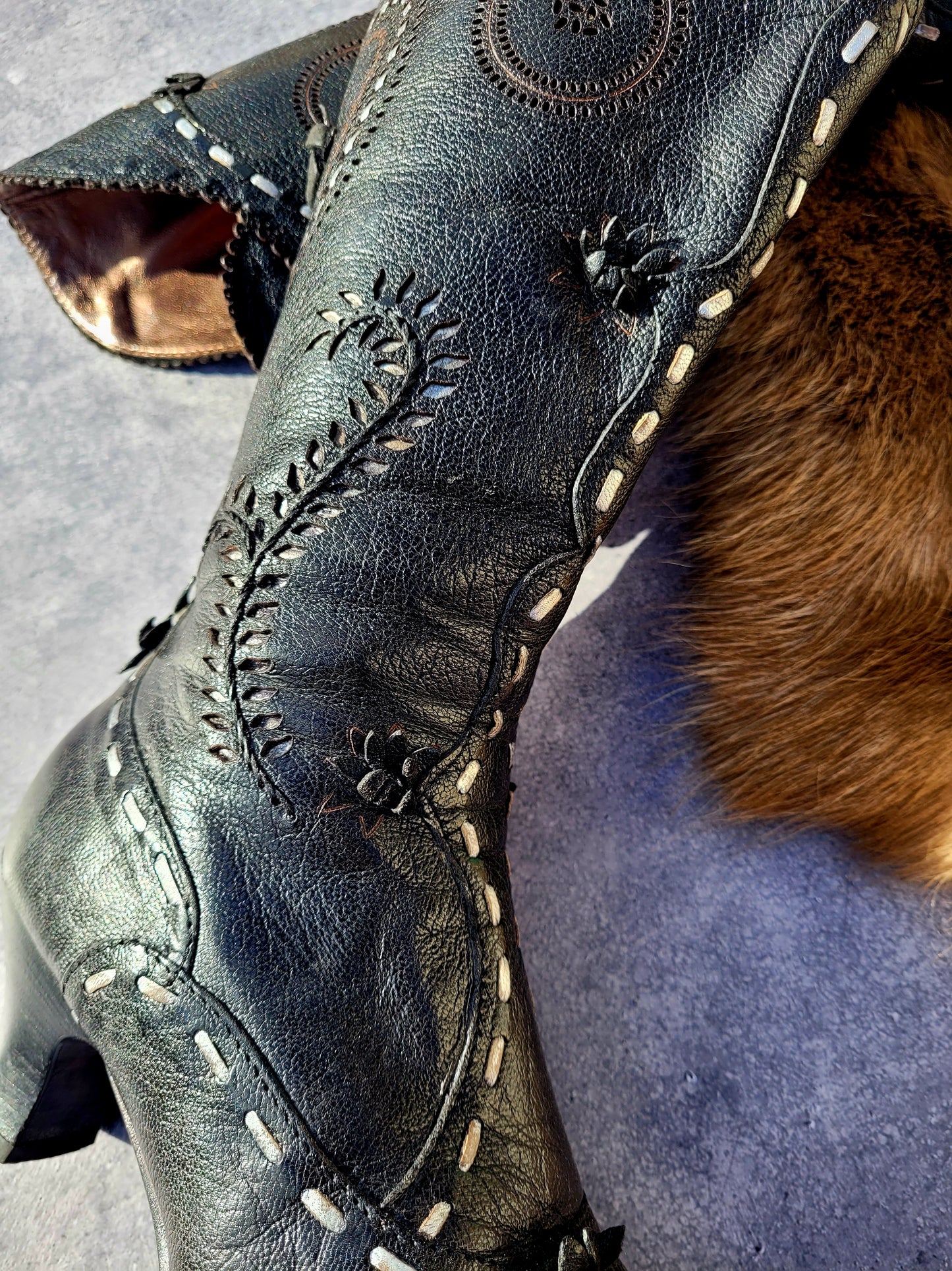 Victorian El Dante Style Ornate Handmade Italian Black Leather Boots - Stevie Nicks Whimsigoth - Intricate Cutouts / Applique / Silver Lacing