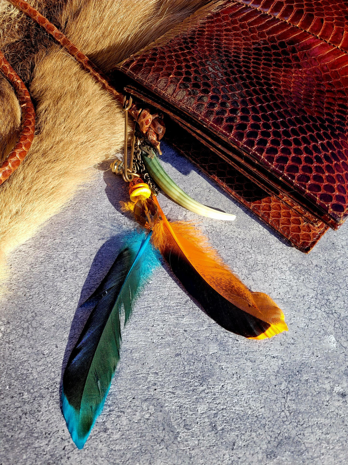 1920s Authentic Antique Snakeskin Bag - Rich Copper Brown - Antique Stacked Charms on Mixed Antique Chains - Carved Tusks / Feathers / Stones / Beading