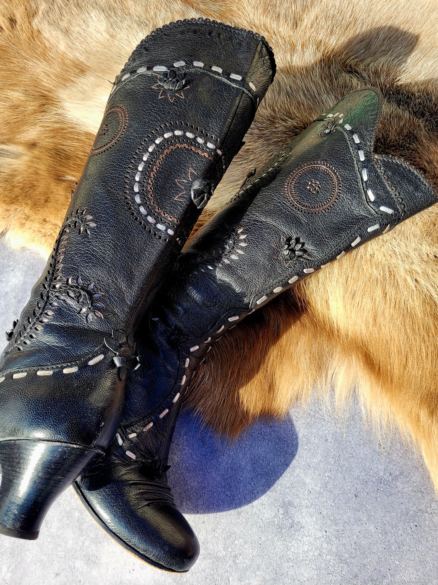 Victorian El Dante Style Ornate Handmade Italian Black Leather Boots - Stevie Nicks Whimsigoth - Intricate Cutouts / Applique / Silver Lacing