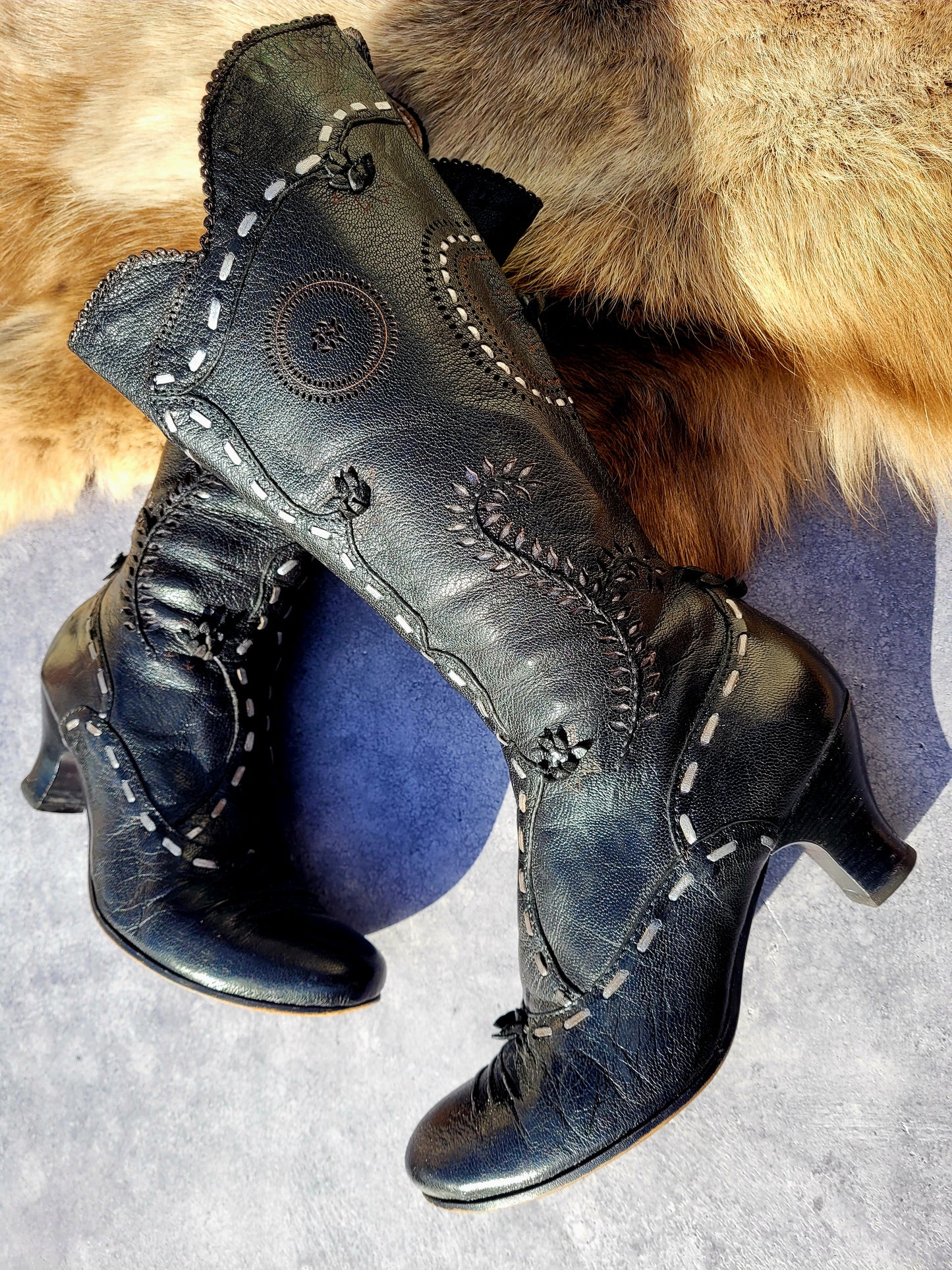 Victorian El Dante Style Ornate Handmade Italian Black Leather Boots - Stevie Nicks Whimsigoth - Intricate Cutouts / Applique / Silver Lacing