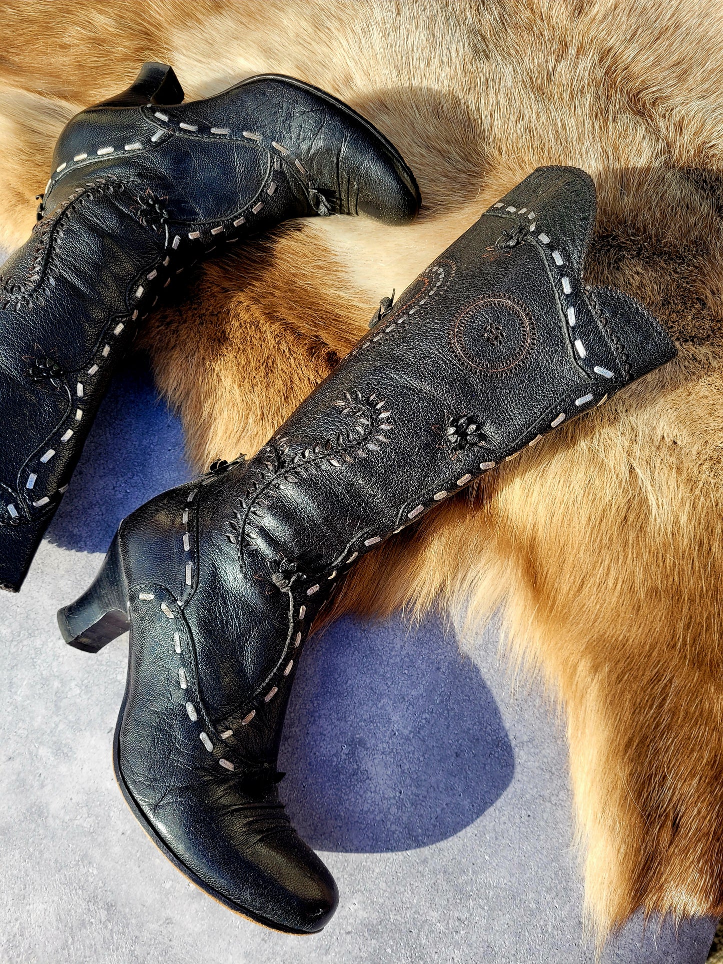 Victorian El Dante Style Ornate Handmade Italian Black Leather Boots - Stevie Nicks Whimsigoth - Intricate Cutouts / Applique / Silver Lacing