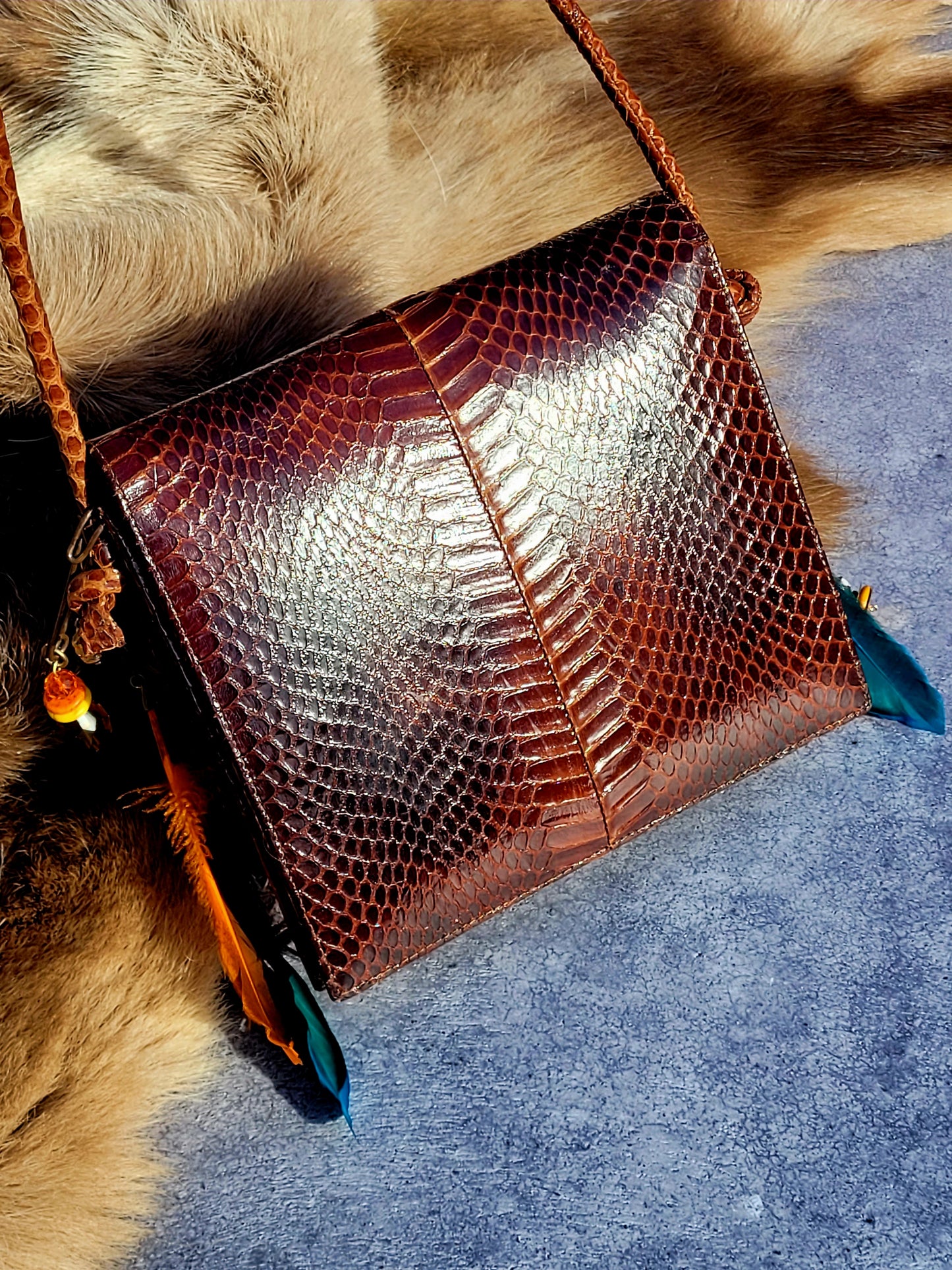 1920s Authentic Antique Snakeskin Bag - Rich Copper Brown - Antique Stacked Charms on Mixed Antique Chains - Carved Tusks / Feathers / Stones / Beading