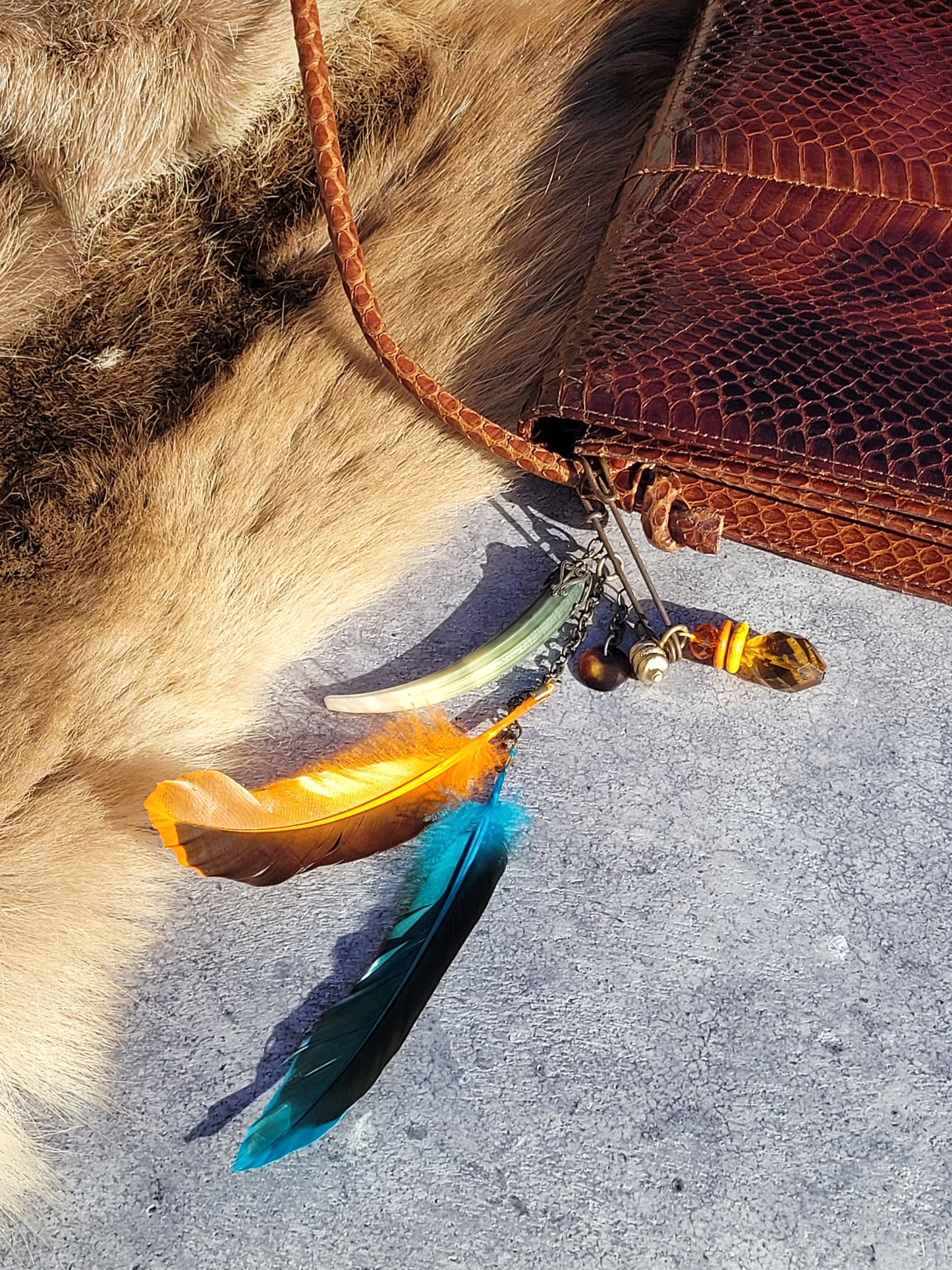 1920s Authentic Antique Snakeskin Bag - Rich Copper Brown - Antique Stacked Charms on Mixed Antique Chains - Carved Tusks / Feathers / Stones / Beading