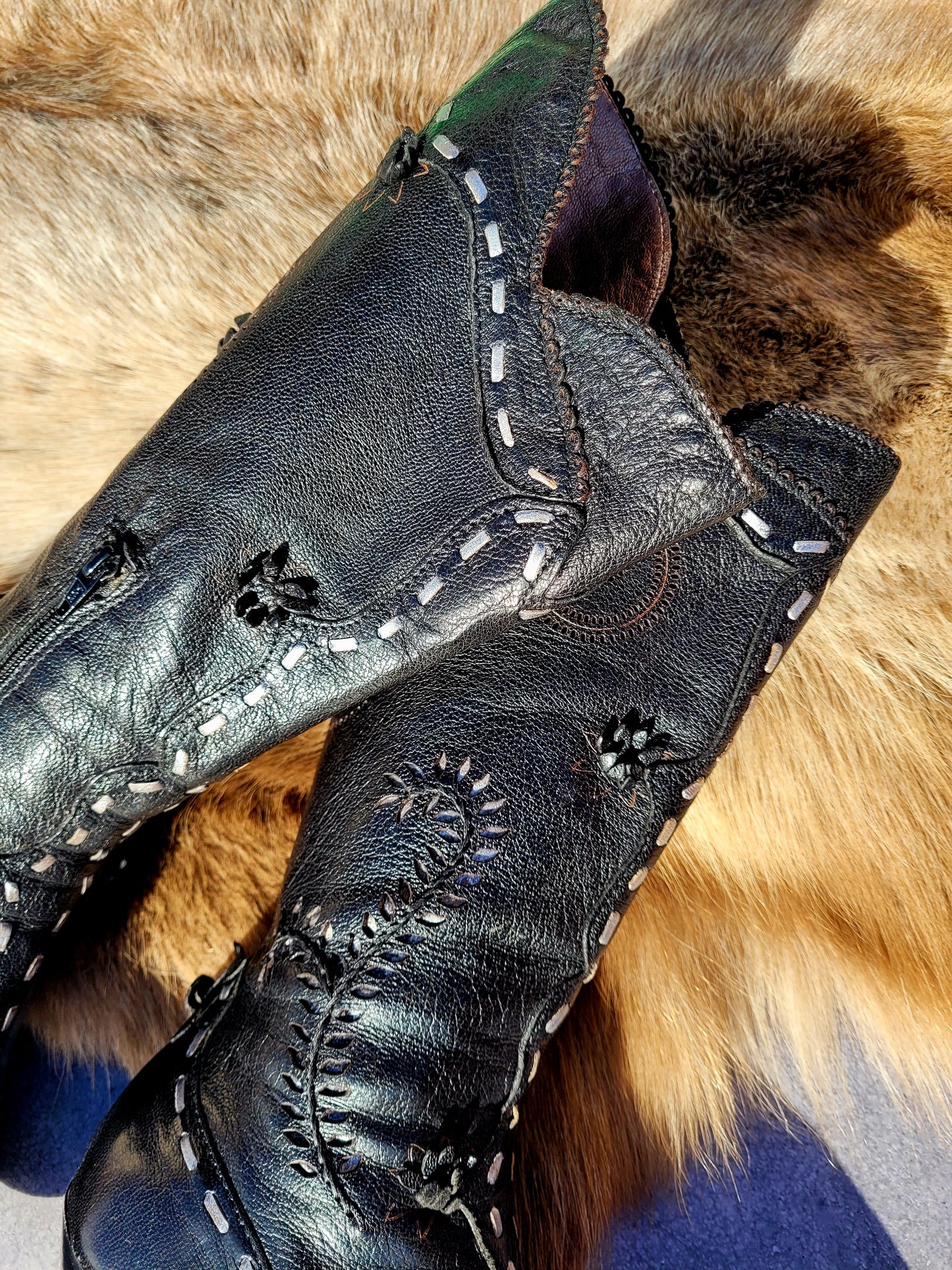 Victorian El Dante Style Ornate Handmade Italian Black Leather Boots - Stevie Nicks Whimsigoth - Intricate Cutouts / Applique / Silver Lacing