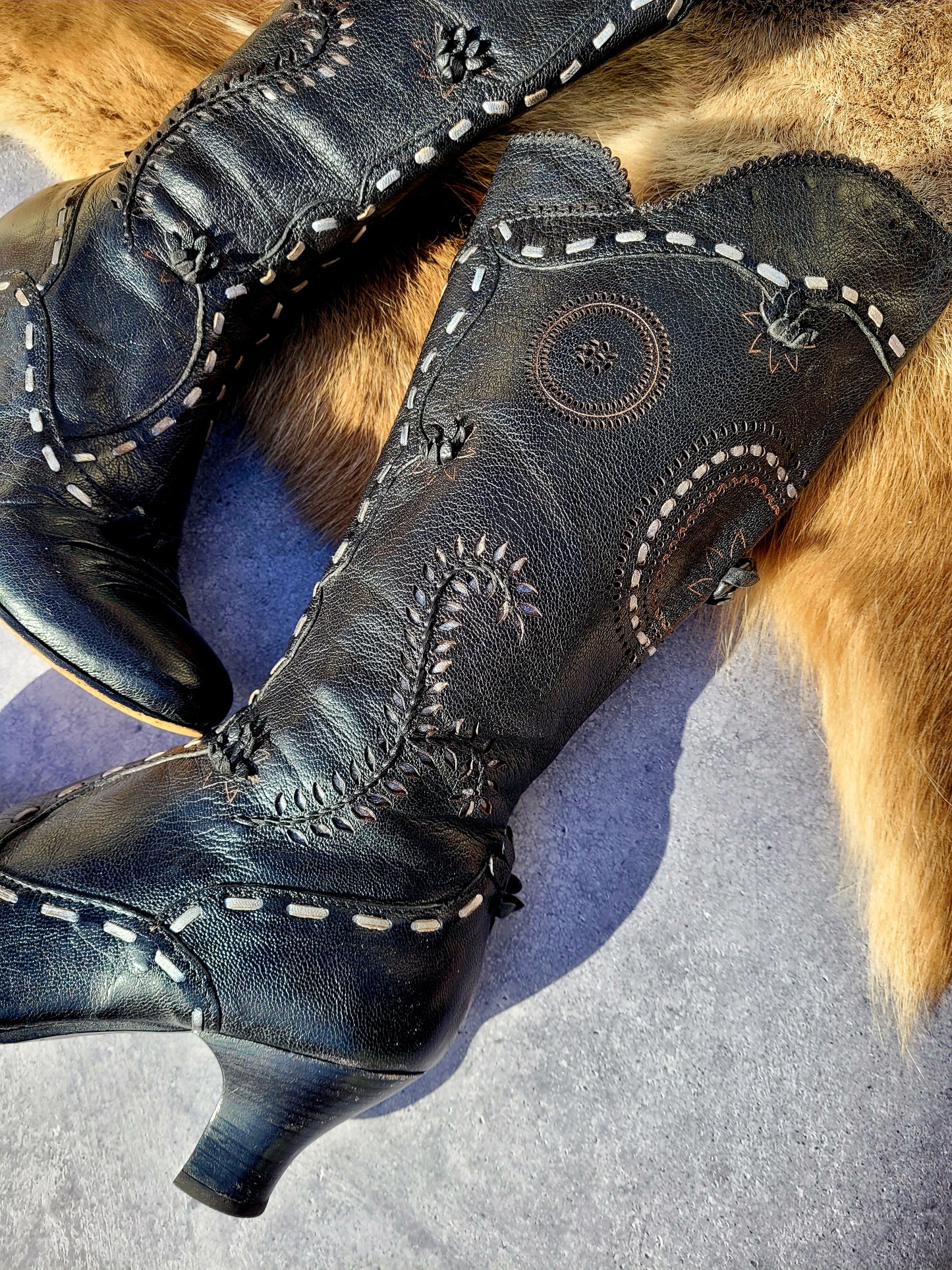 Victorian El Dante Style Ornate Handmade Italian Black Leather Boots - Stevie Nicks Whimsigoth - Intricate Cutouts / Applique / Silver Lacing