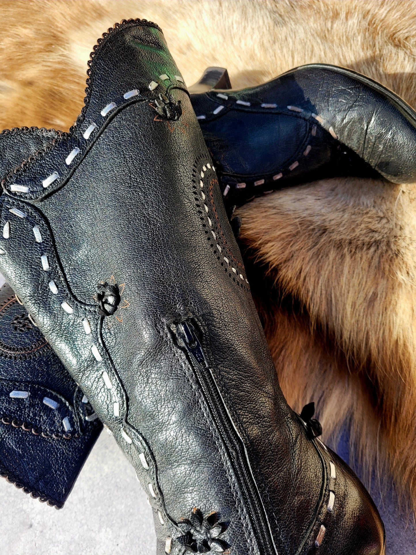 Victorian El Dante Style Ornate Handmade Italian Black Leather Boots - Stevie Nicks Whimsigoth - Intricate Cutouts / Applique / Silver Lacing