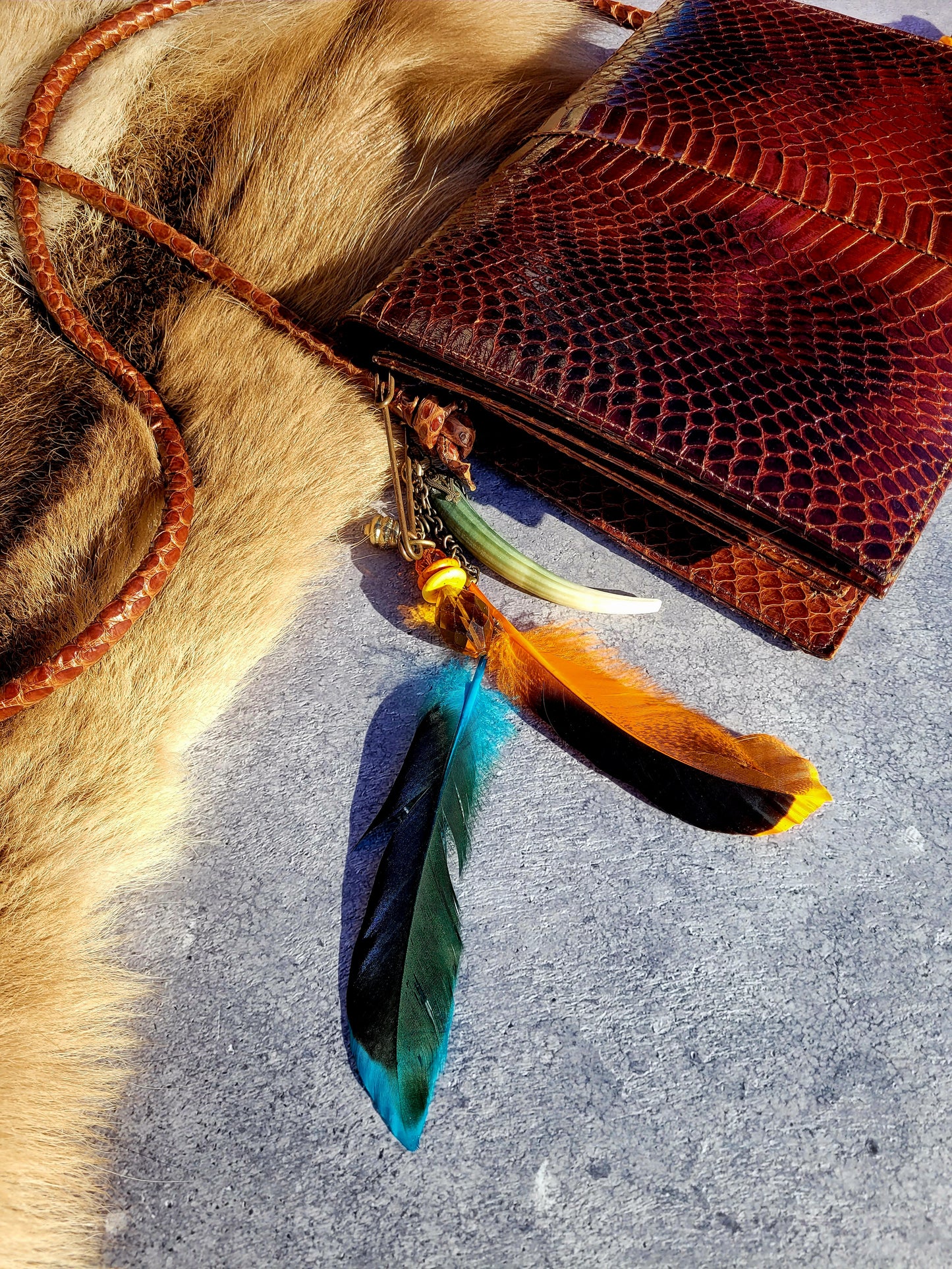 1920s Authentic Antique Snakeskin Bag - Rich Copper Brown - Antique Stacked Charms on Mixed Antique Chains - Carved Tusks / Feathers / Stones / Beading