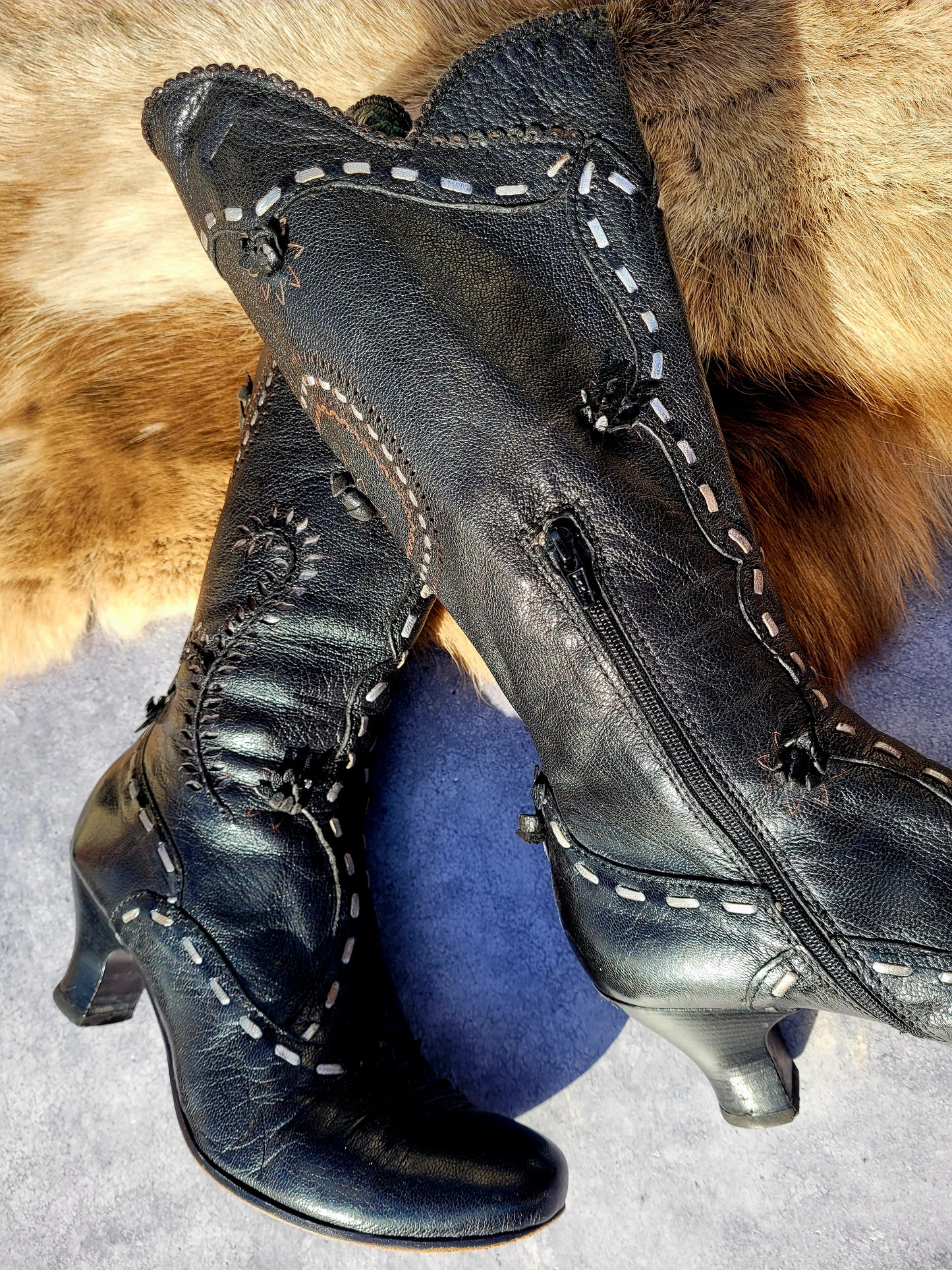 Victorian El Dante Style Ornate Handmade Italian Black Leather Boots - Stevie Nicks Whimsigoth - Intricate Cutouts / Applique / Silver Lacing