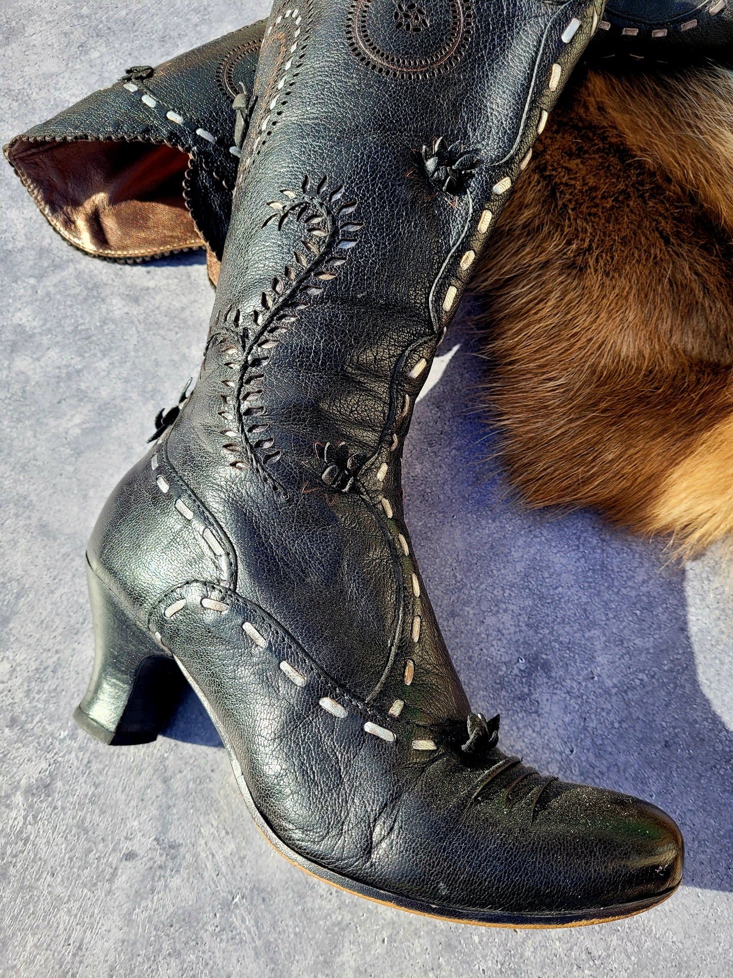 Victorian El Dante Style Ornate Handmade Italian Black Leather Boots - Stevie Nicks Whimsigoth - Intricate Cutouts / Applique / Silver Lacing