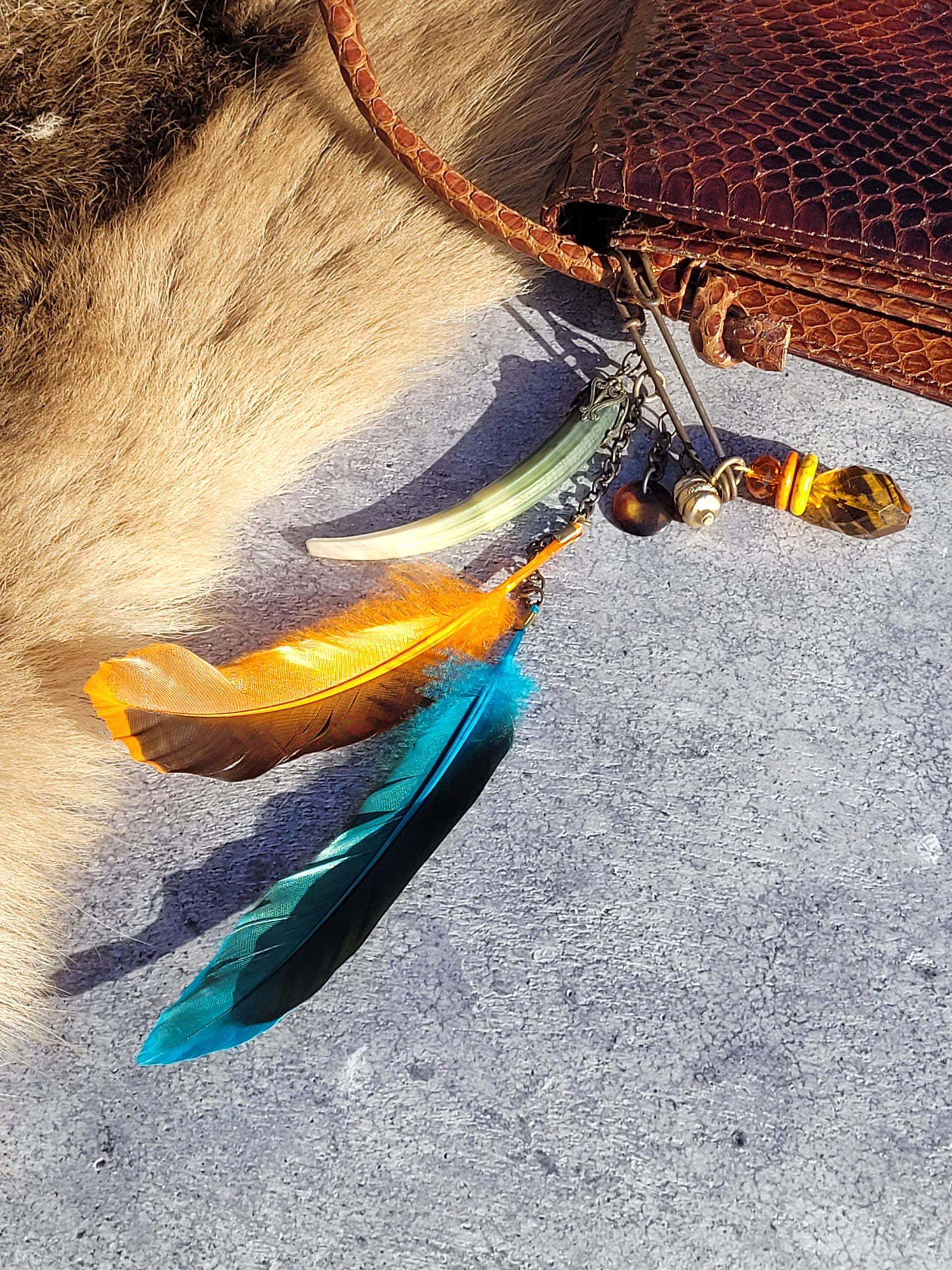 1920s Authentic Antique Snakeskin Bag - Rich Copper Brown - Antique Stacked Charms on Mixed Antique Chains - Carved Tusks / Feathers / Stones / Beading