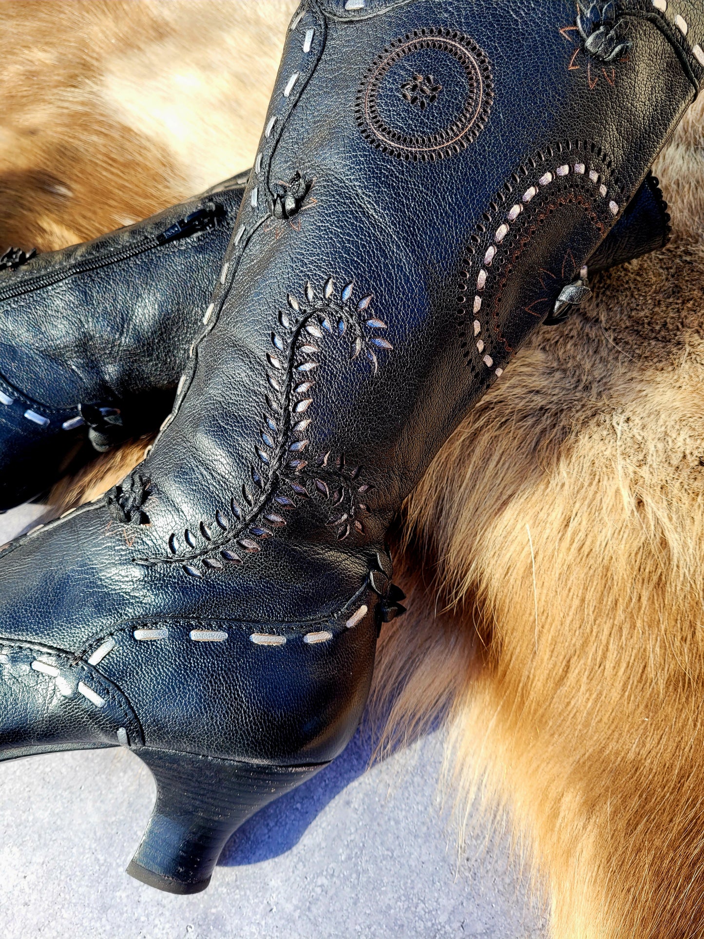 Victorian El Dante Style Ornate Handmade Italian Black Leather Boots - Stevie Nicks Whimsigoth - Intricate Cutouts / Applique / Silver Lacing
