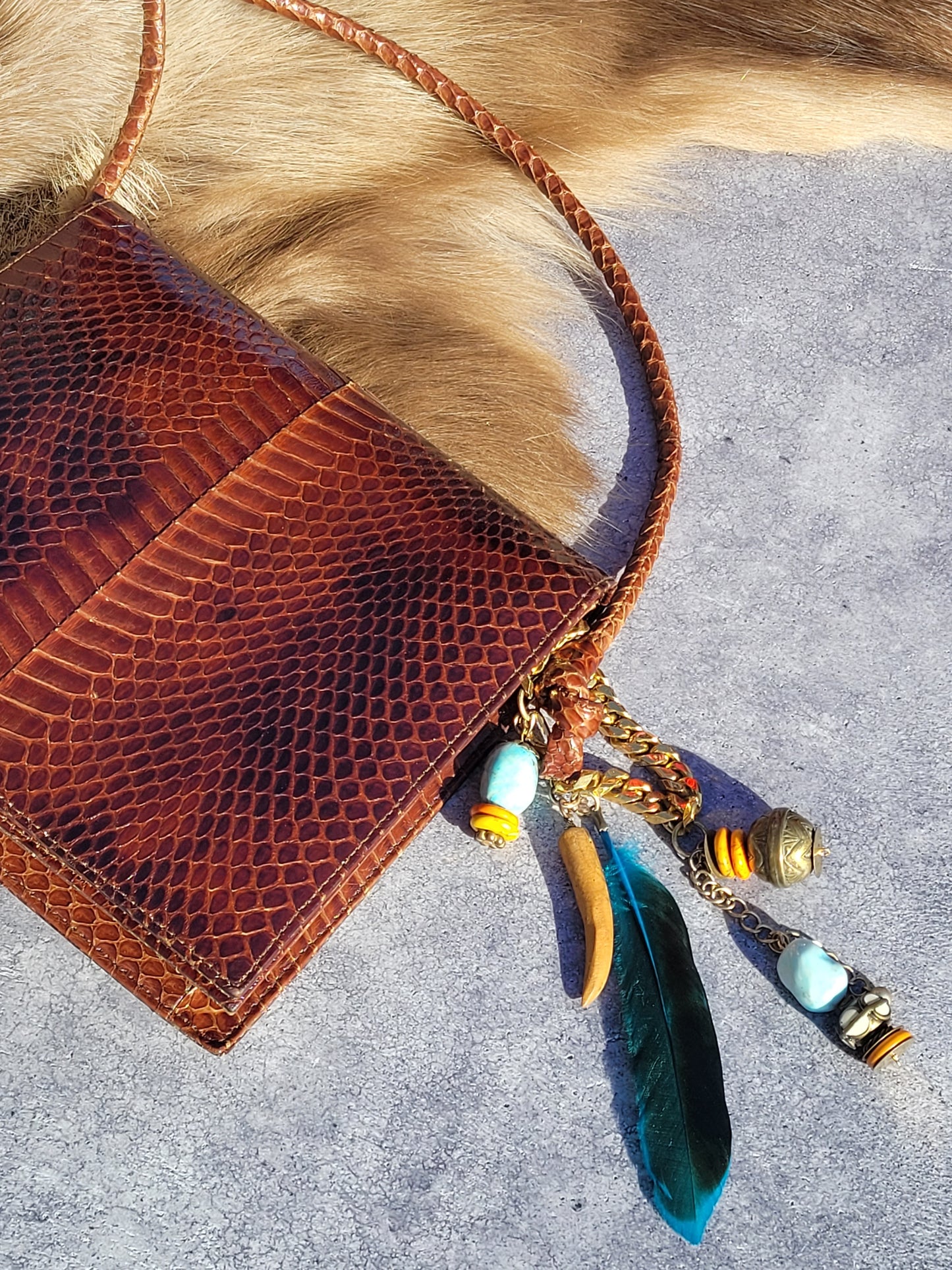 1920s Authentic Antique Snakeskin Bag - Rich Copper Brown - Antique Stacked Charms on Mixed Antique Chains - Carved Tusks / Feathers / Stones / Beading