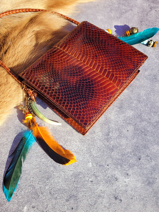 1920s Authentic Antique Snakeskin Bag - Rich Copper Brown - Antique Stacked Charms on Mixed Antique Chains - Carved Tusks / Feathers / Stones / Beading