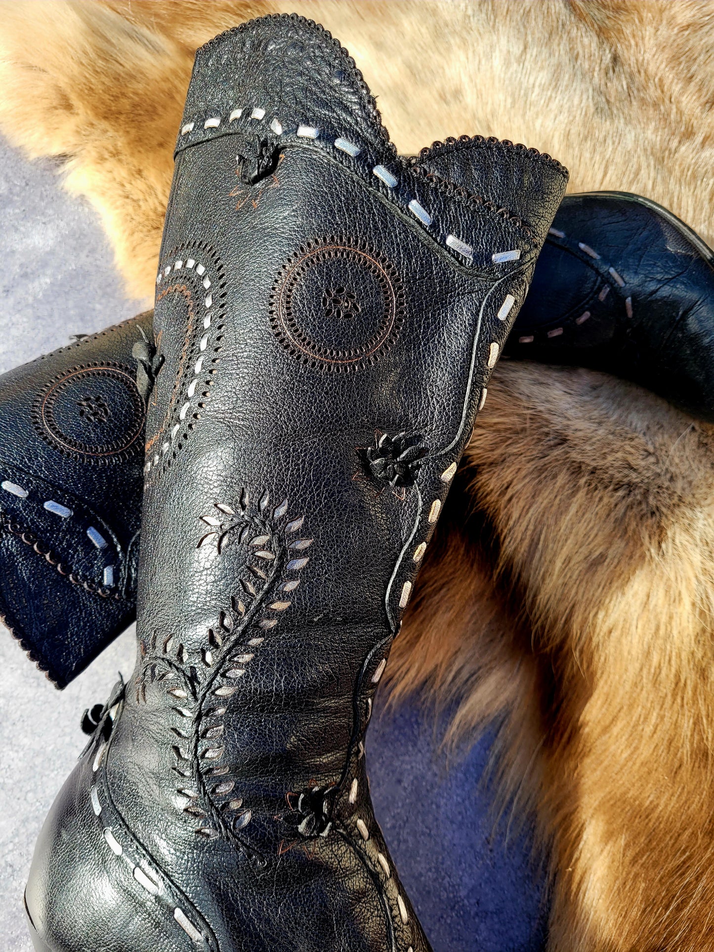 Victorian El Dante Style Ornate Handmade Italian Black Leather Boots - Stevie Nicks Whimsigoth - Intricate Cutouts / Applique / Silver Lacing