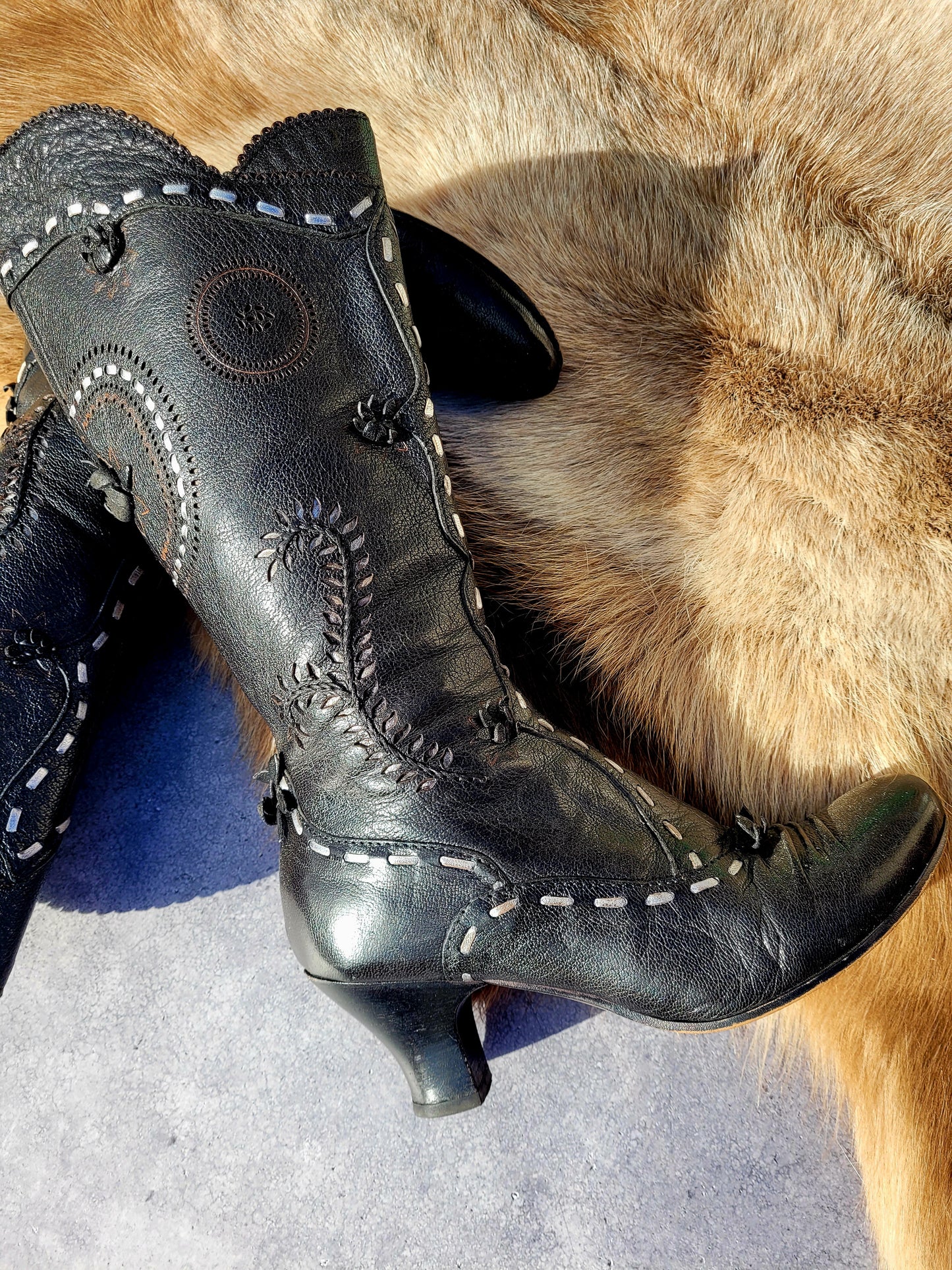 Victorian El Dante Style Ornate Handmade Italian Black Leather Boots - Stevie Nicks Whimsigoth - Intricate Cutouts / Applique / Silver Lacing