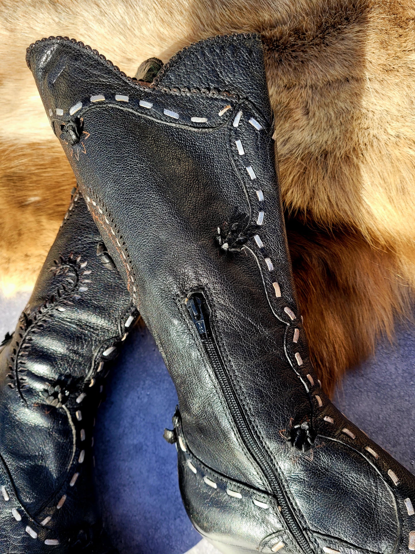Victorian El Dante Style Ornate Handmade Italian Black Leather Boots - Stevie Nicks Whimsigoth - Intricate Cutouts / Applique / Silver Lacing