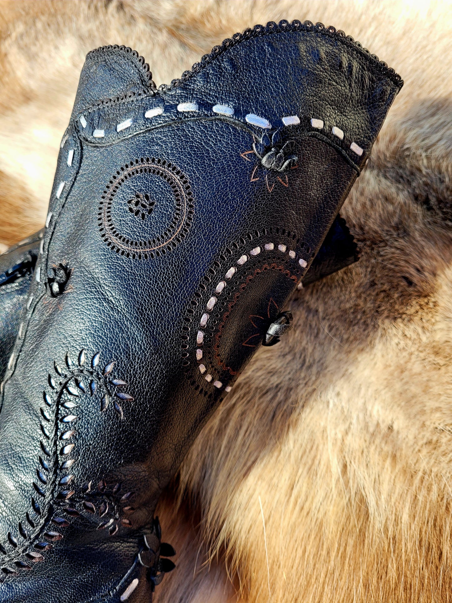 Victorian El Dante Style Ornate Handmade Italian Black Leather Boots - Stevie Nicks Whimsigoth - Intricate Cutouts / Applique / Silver Lacing