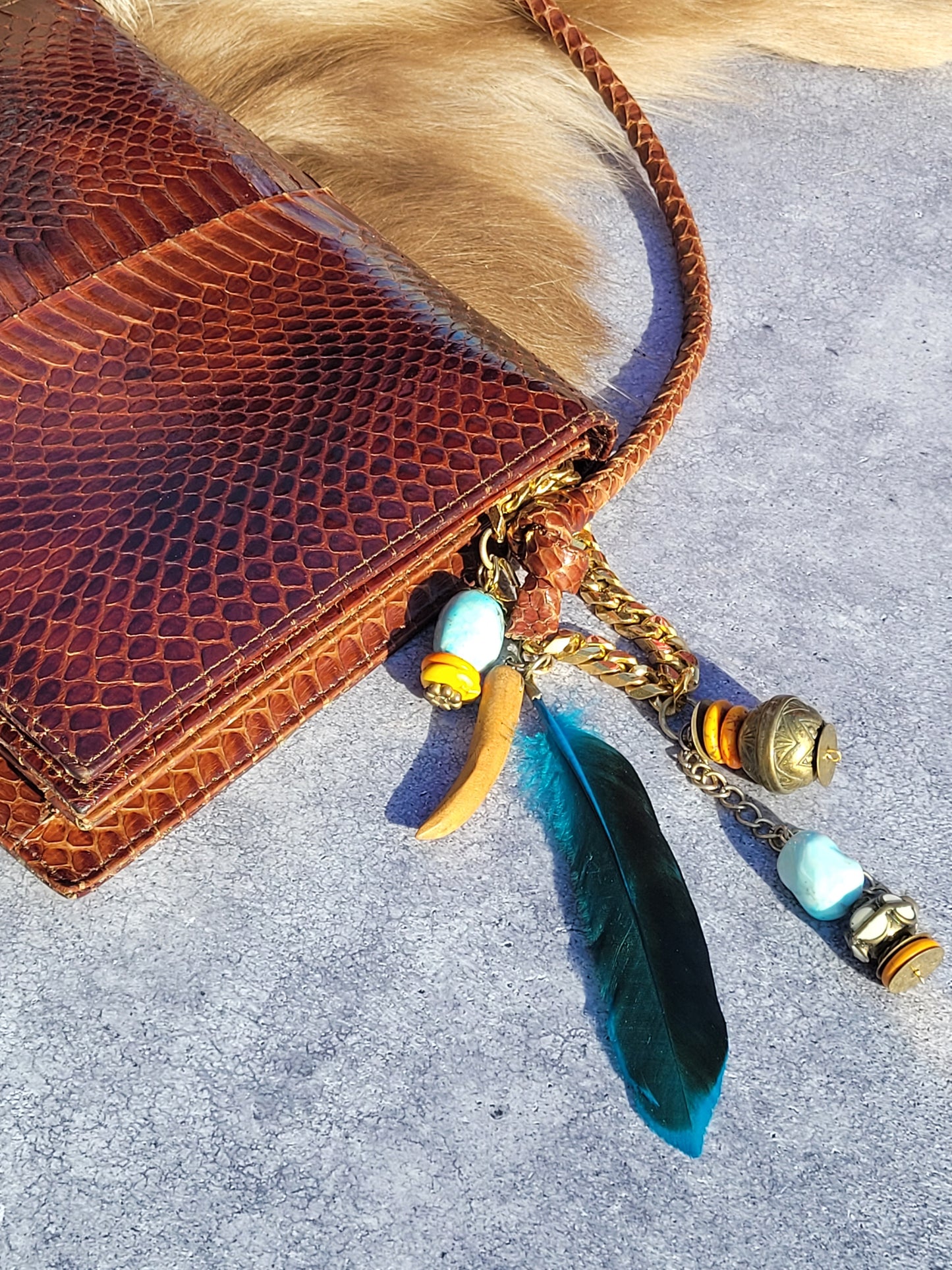 1920s Authentic Antique Snakeskin Bag - Rich Copper Brown - Antique Stacked Charms on Mixed Antique Chains - Carved Tusks / Feathers / Stones / Beading