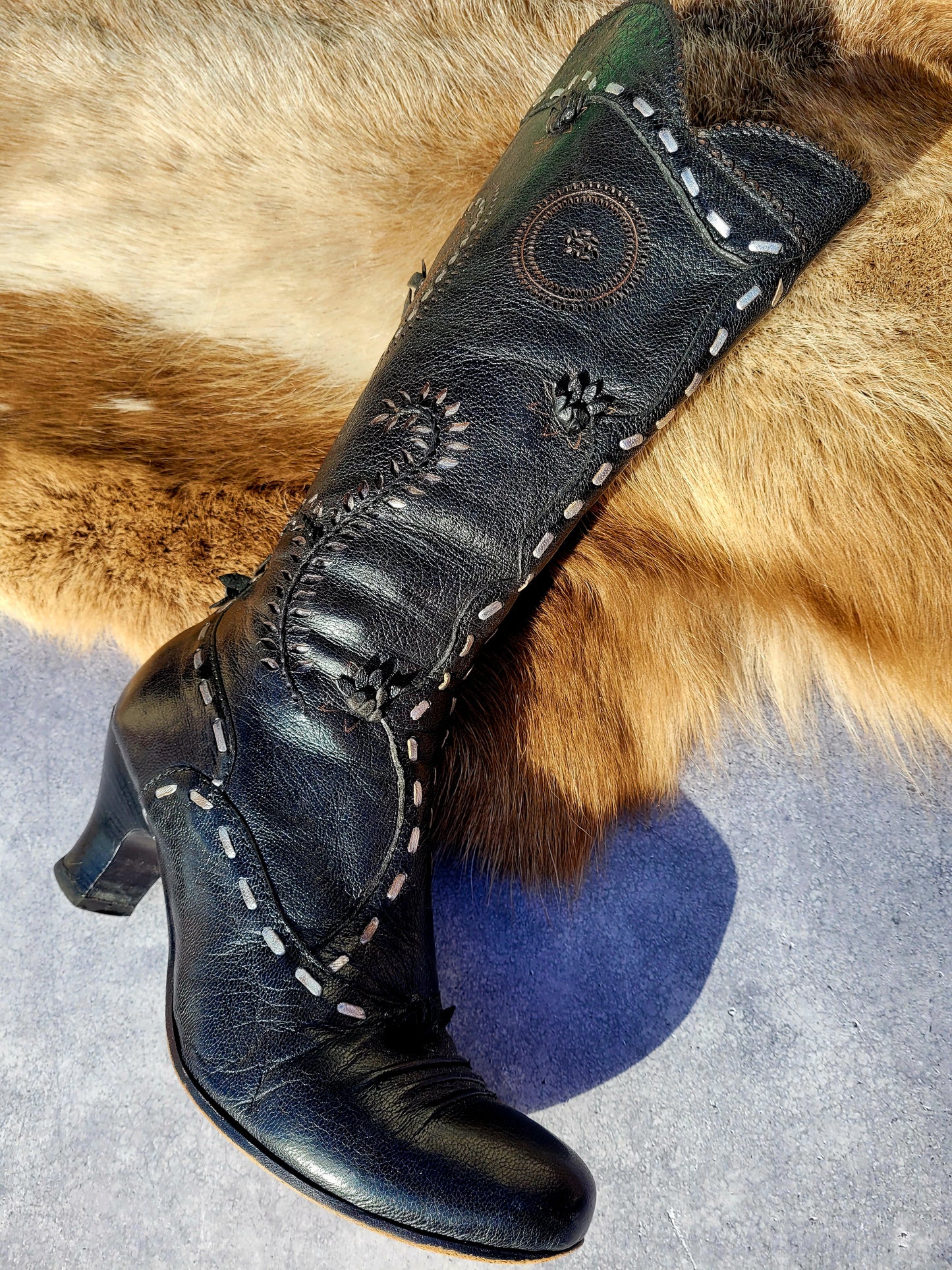 Victorian El Dante Style Ornate Handmade Italian Black Leather Boots - Stevie Nicks Whimsigoth - Intricate Cutouts / Applique / Silver Lacing