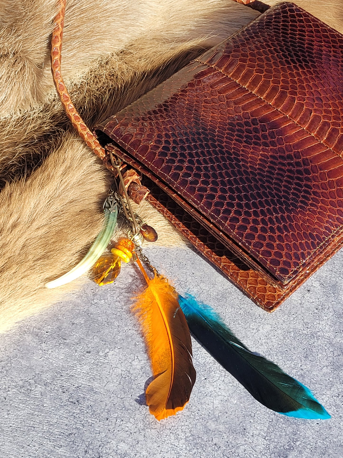 1920s Authentic Antique Snakeskin Bag - Rich Copper Brown - Antique Stacked Charms on Mixed Antique Chains - Carved Tusks / Feathers / Stones / Beading