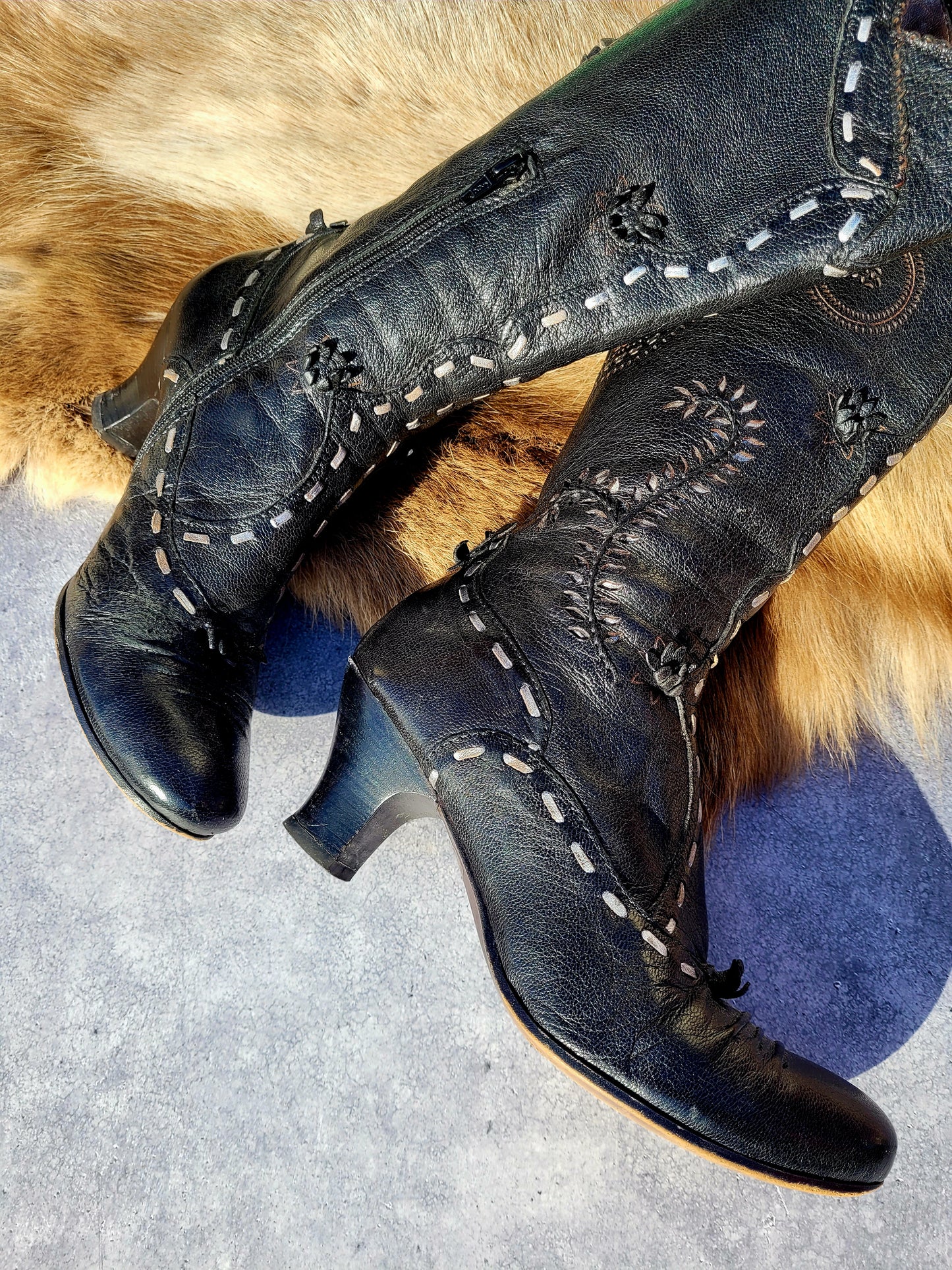 Victorian El Dante Style Ornate Handmade Italian Black Leather Boots - Stevie Nicks Whimsigoth - Intricate Cutouts / Applique / Silver Lacing