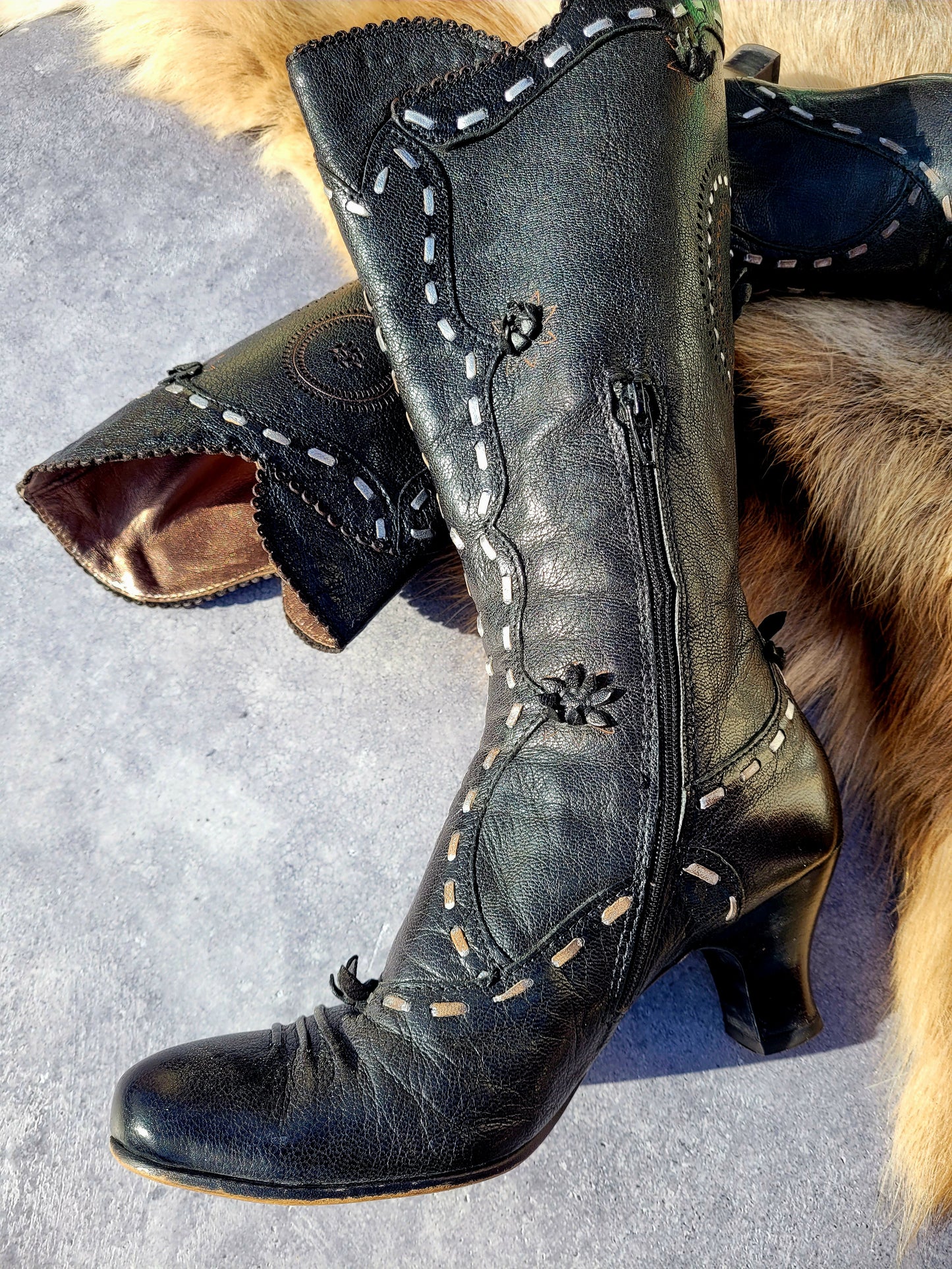 Victorian El Dante Style Ornate Handmade Italian Black Leather Boots - Stevie Nicks Whimsigoth - Intricate Cutouts / Applique / Silver Lacing