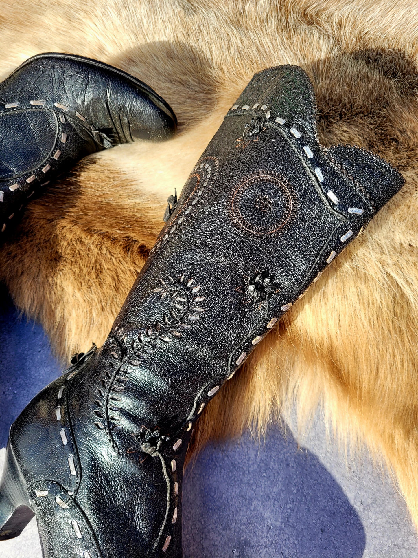 Victorian El Dante Style Ornate Handmade Italian Black Leather Boots - Stevie Nicks Whimsigoth - Intricate Cutouts / Applique / Silver Lacing