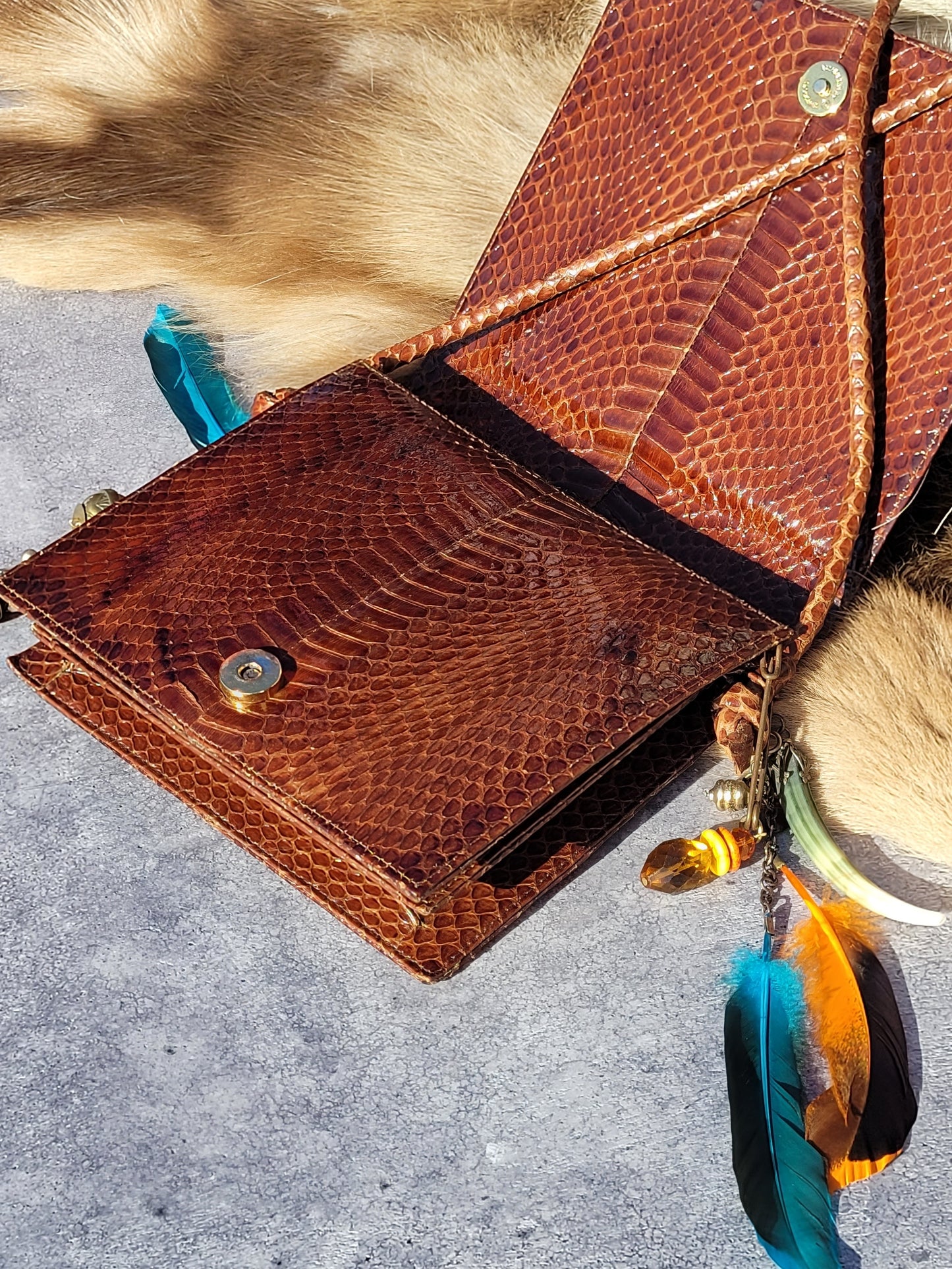 1920s Authentic Antique Snakeskin Bag - Rich Copper Brown - Antique Stacked Charms on Mixed Antique Chains - Carved Tusks / Feathers / Stones / Beading