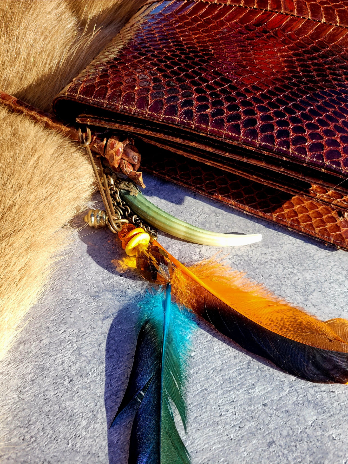1920s Authentic Antique Snakeskin Bag - Rich Copper Brown - Antique Stacked Charms on Mixed Antique Chains - Carved Tusks / Feathers / Stones / Beading
