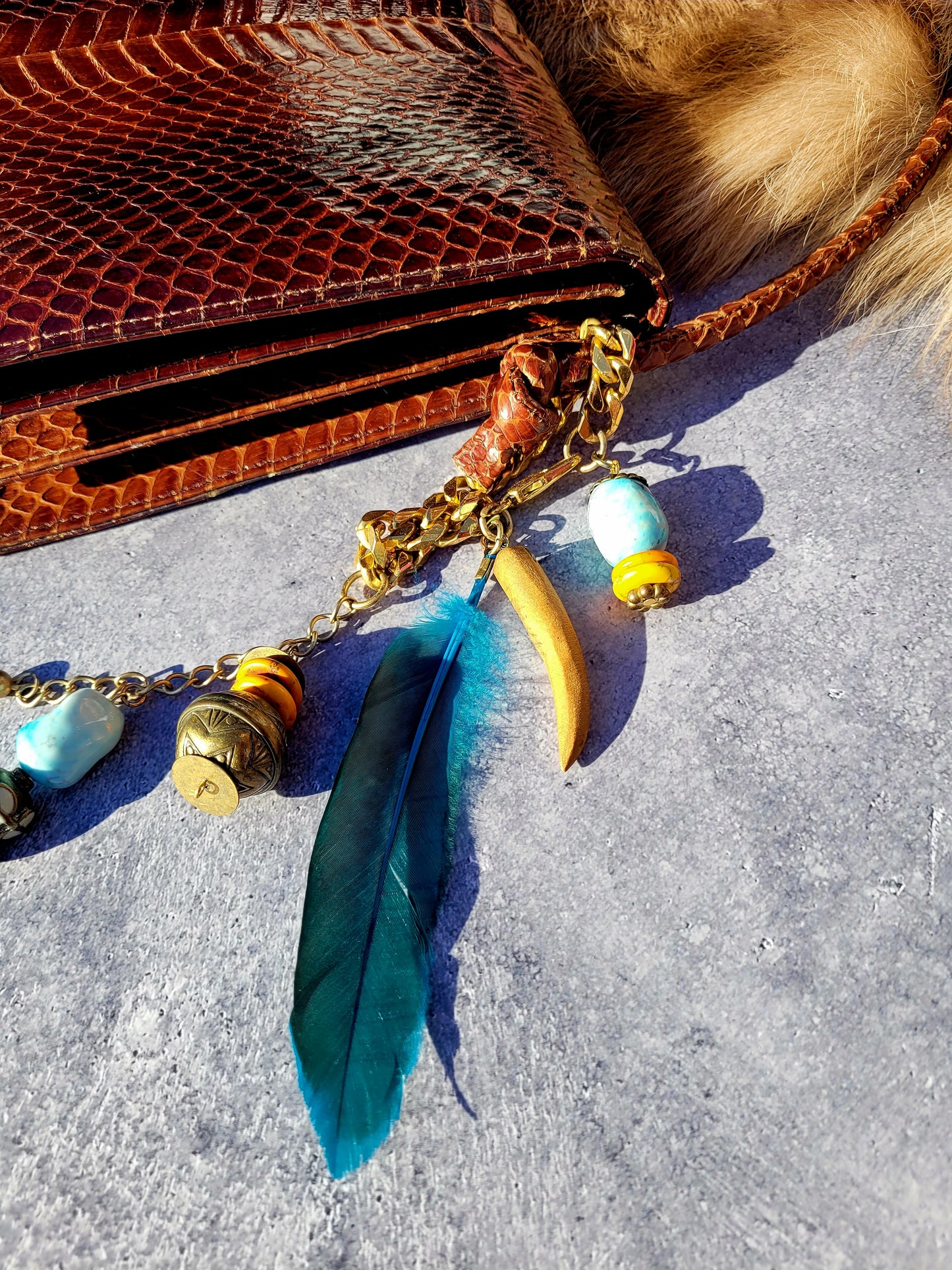 1920s Authentic Antique Snakeskin Bag - Rich Copper Brown - Antique Stacked Charms on Mixed Antique Chains - Carved Tusks / Feathers / Stones / Beading