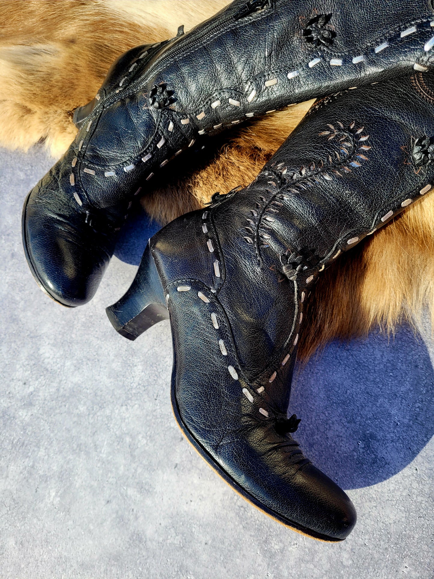 Victorian El Dante Style Ornate Handmade Italian Black Leather Boots - Stevie Nicks Whimsigoth - Intricate Cutouts / Applique / Silver Lacing