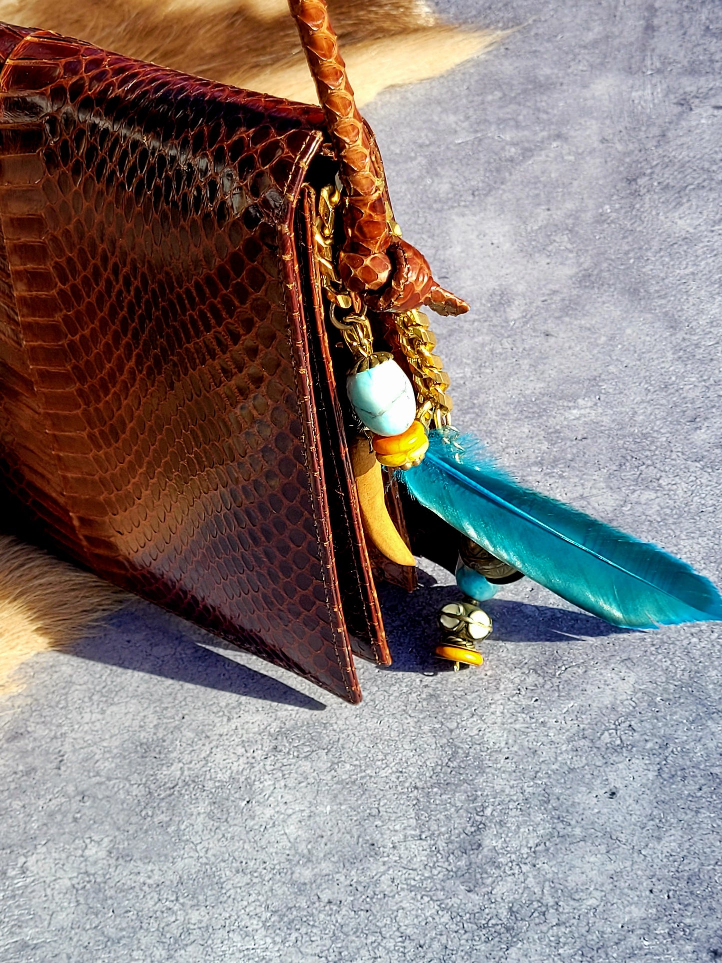 1920s Authentic Antique Snakeskin Bag - Rich Copper Brown - Antique Stacked Charms on Mixed Antique Chains - Carved Tusks / Feathers / Stones / Beading